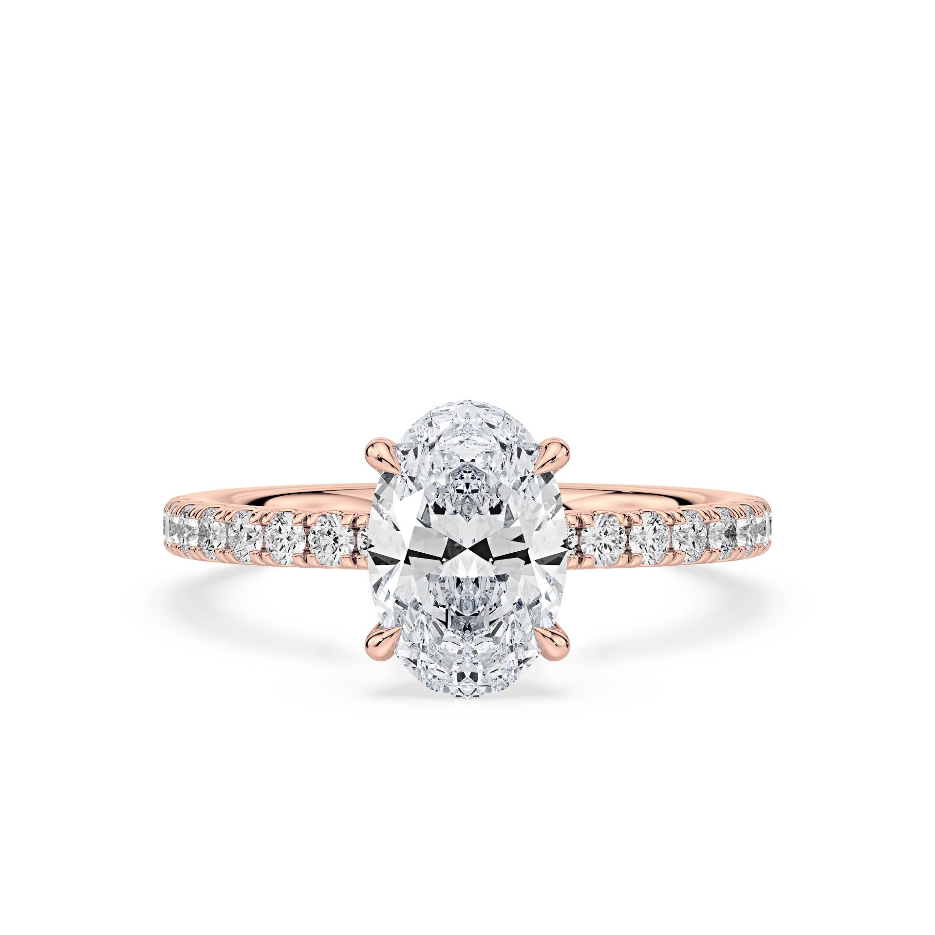 4-CLAW SOLITAIRE OVAL DIAMOND ENGAGEMENT RING WITH SMALL ROUND SHOULDER DIAMONDS AND HIDDEN HALO in 18ct Rose Gold