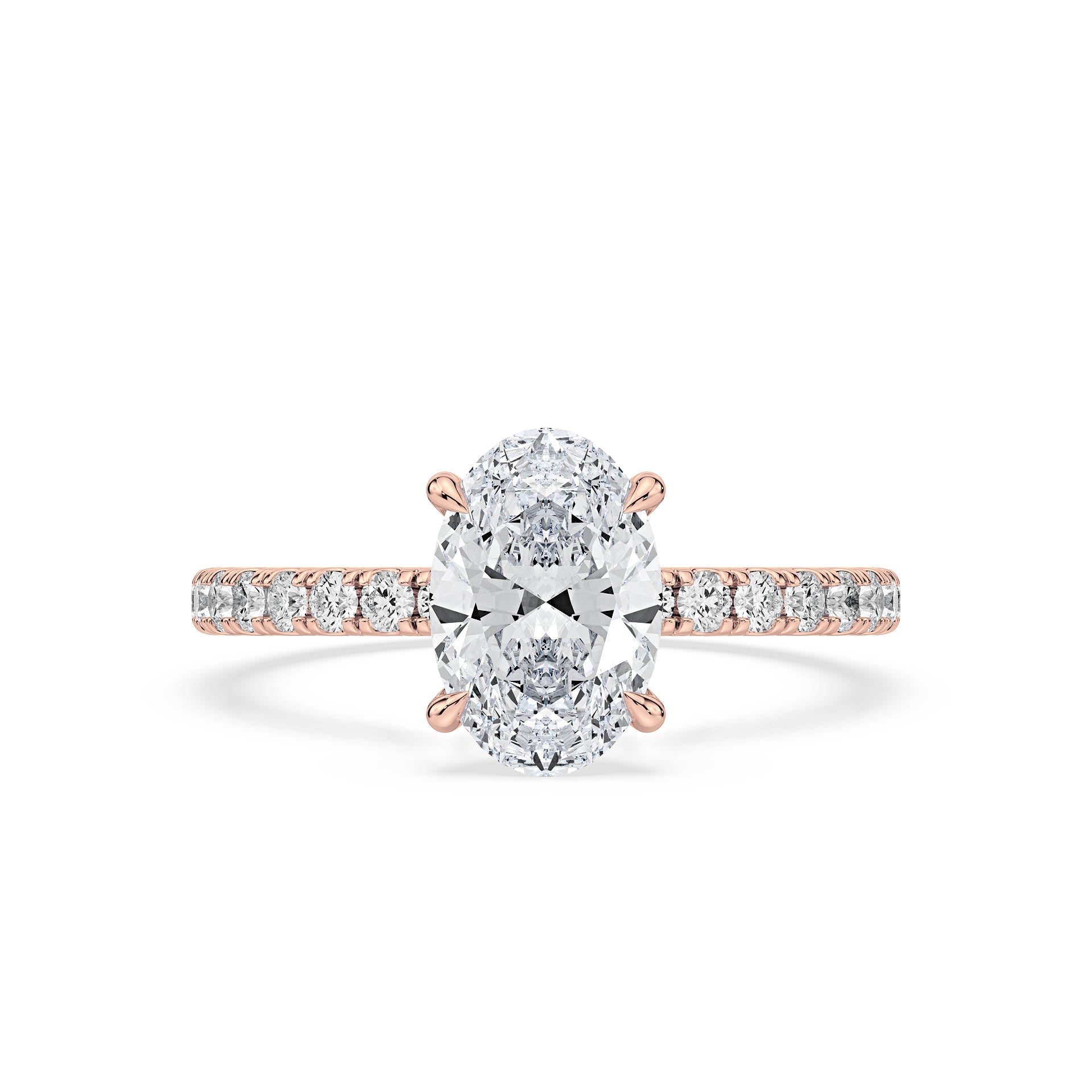 4-CLAW SOLITAIRE OVAL DIAMOND ENGAGEMENT RING WITH SMALL ROUND SHOULDER DIAMONDS AND HIDDEN HALO in 18ct Rose Gold