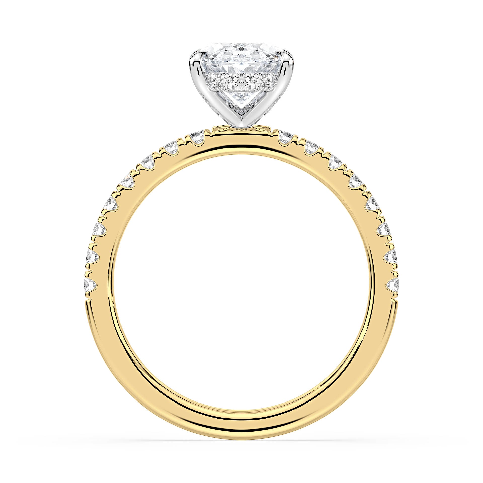 4-CLAW SOLITAIRE OVAL DIAMOND ENGAGEMENT RING WITH SMALL ROUND SHOULDER DIAMONDS AND HIDDEN HALO in 18ct Two Tone Gold