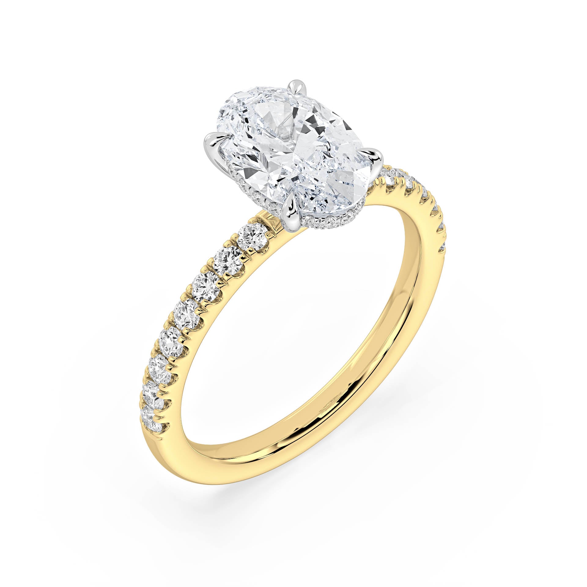 4-CLAW SOLITAIRE OVAL DIAMOND ENGAGEMENT RING WITH SMALL ROUND SHOULDER DIAMONDS AND HIDDEN HALO in 18ct Two Tone Gold