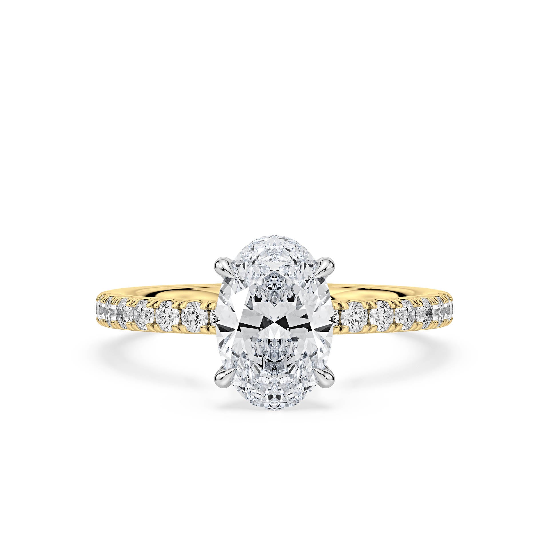 4-CLAW SOLITAIRE OVAL DIAMOND ENGAGEMENT RING WITH SMALL ROUND SHOULDER DIAMONDS AND HIDDEN HALO in 18ct Two Tone Gold