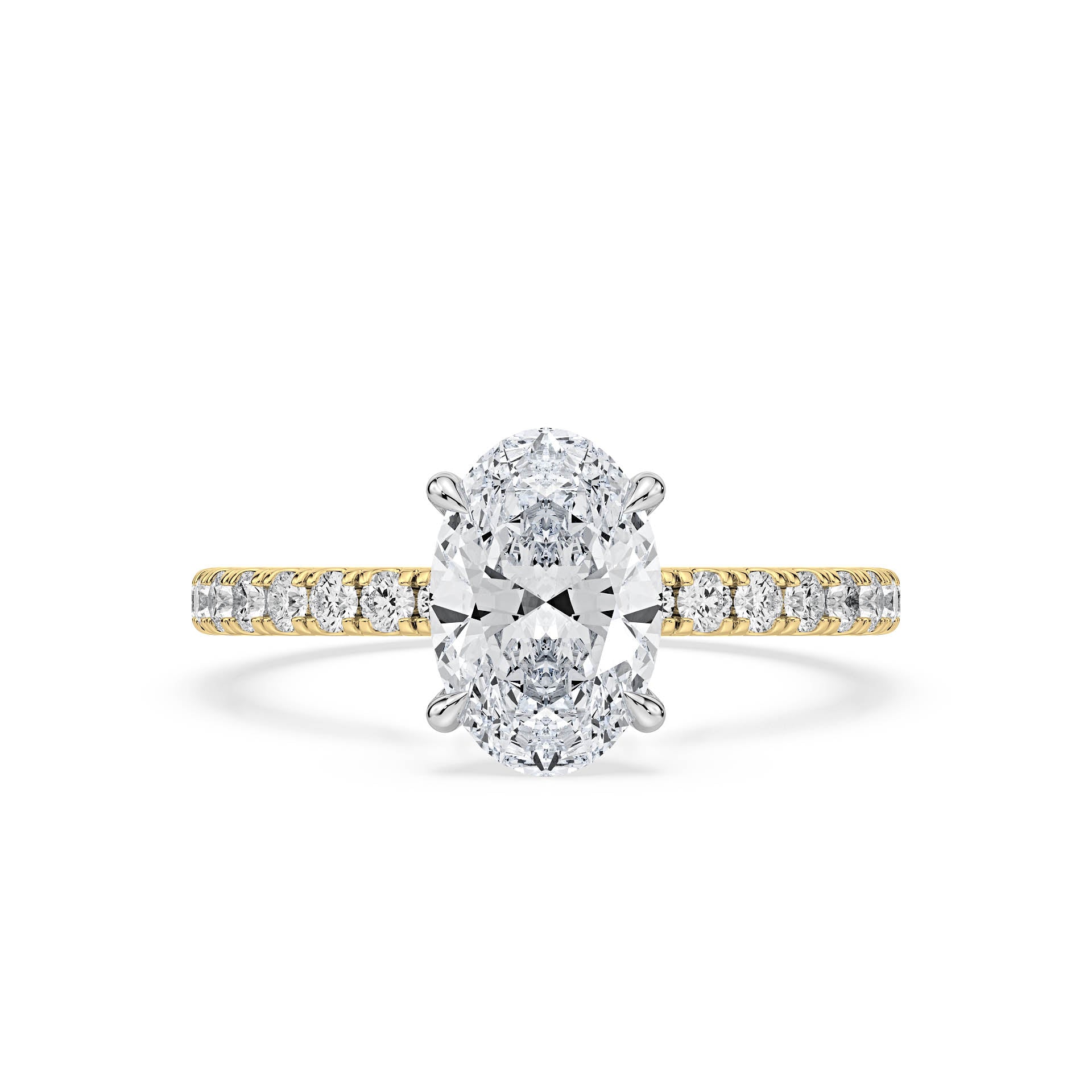 4-CLAW SOLITAIRE OVAL DIAMOND ENGAGEMENT RING WITH SMALL ROUND SHOULDER DIAMONDS AND HIDDEN HALO in 18ct Two Tone Gold