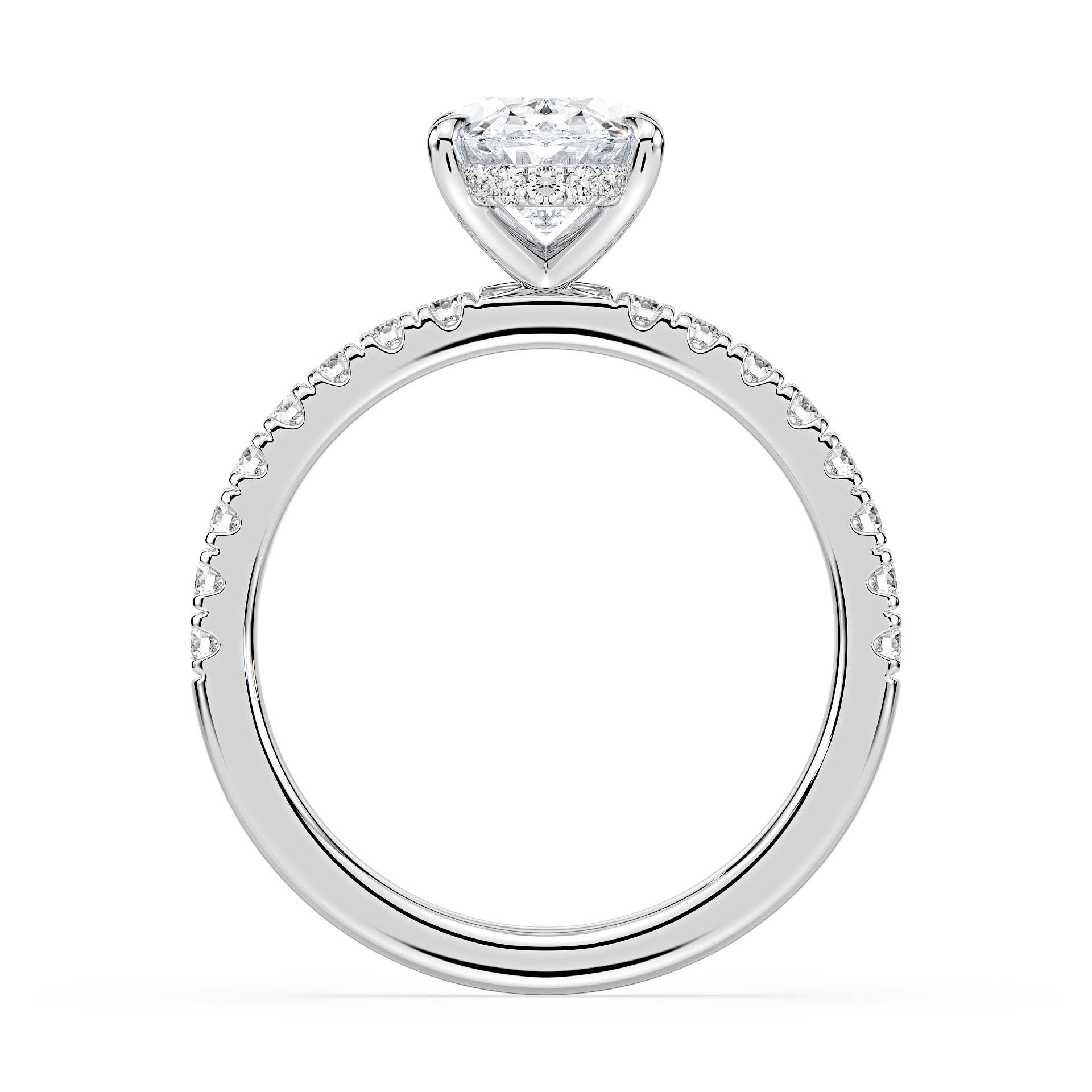 4-CLAW SOLITAIRE OVAL DIAMOND ENGAGEMENT RING WITH SMALL ROUND SHOULDER DIAMONDS AND HIDDEN HALO in 18ct White Gold