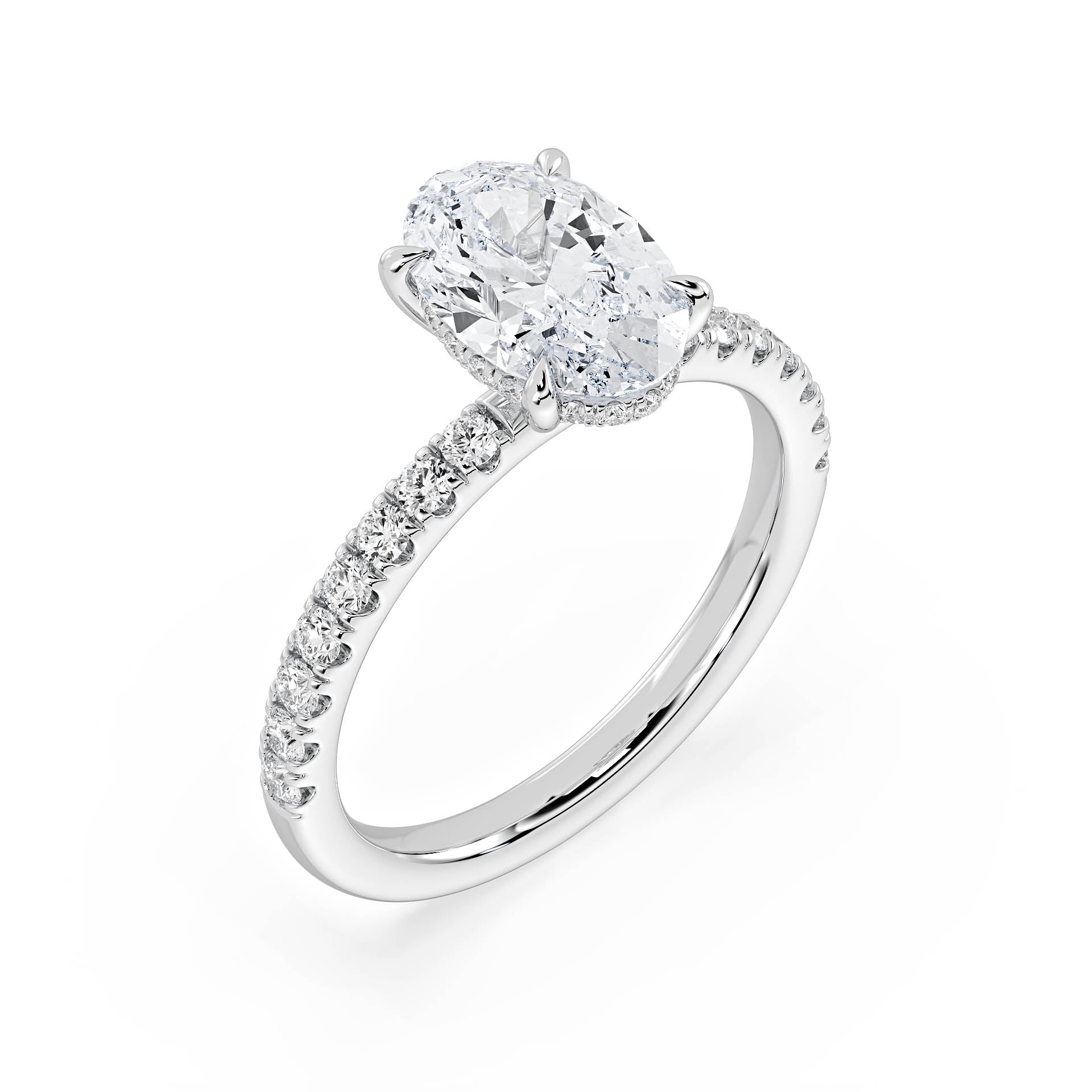 4-CLAW SOLITAIRE OVAL DIAMOND ENGAGEMENT RING WITH SMALL ROUND SHOULDER DIAMONDS AND HIDDEN HALO in 18ct White Gold