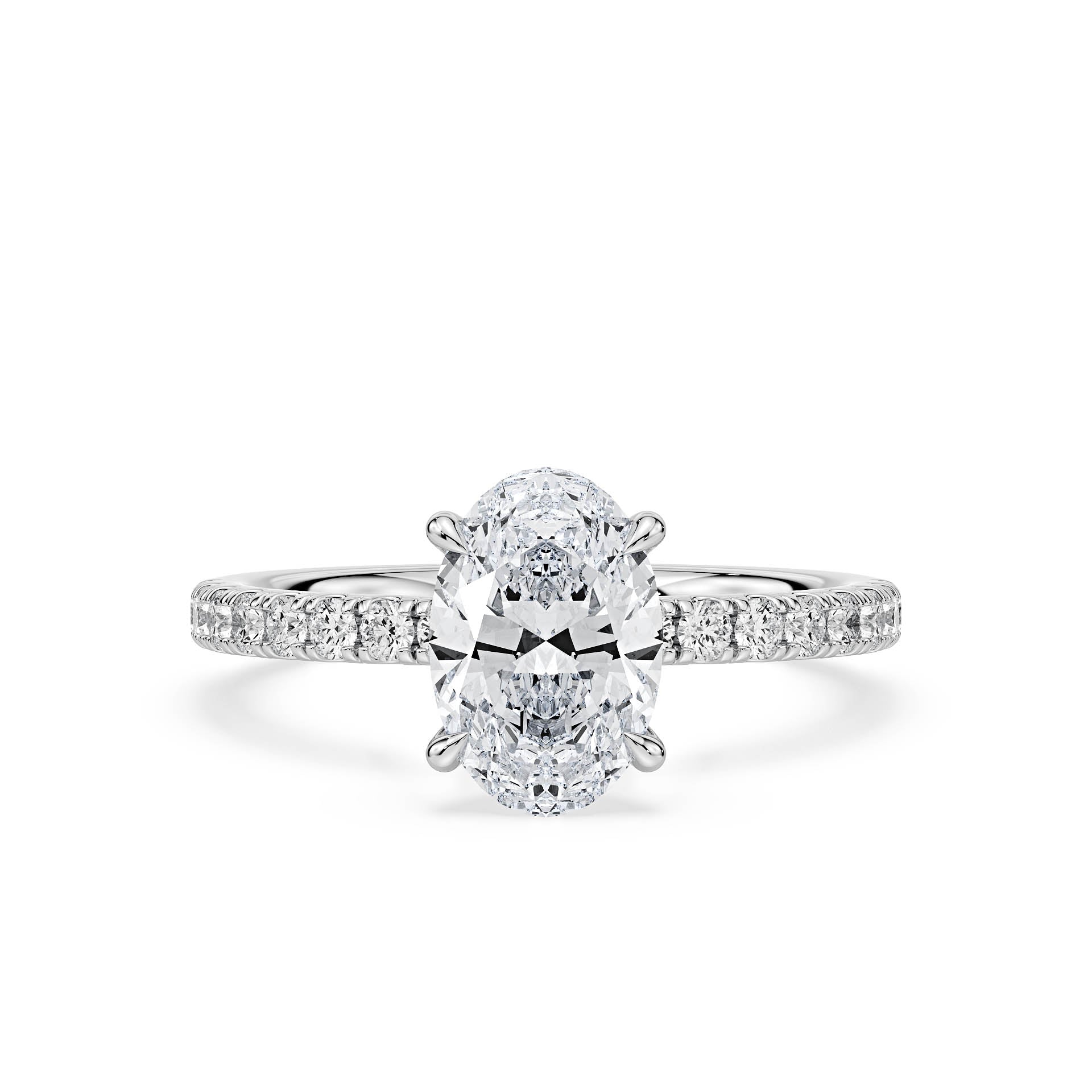 4-CLAW SOLITAIRE OVAL DIAMOND ENGAGEMENT RING WITH SMALL ROUND SHOULDER DIAMONDS AND HIDDEN HALO in 18ct White Gold