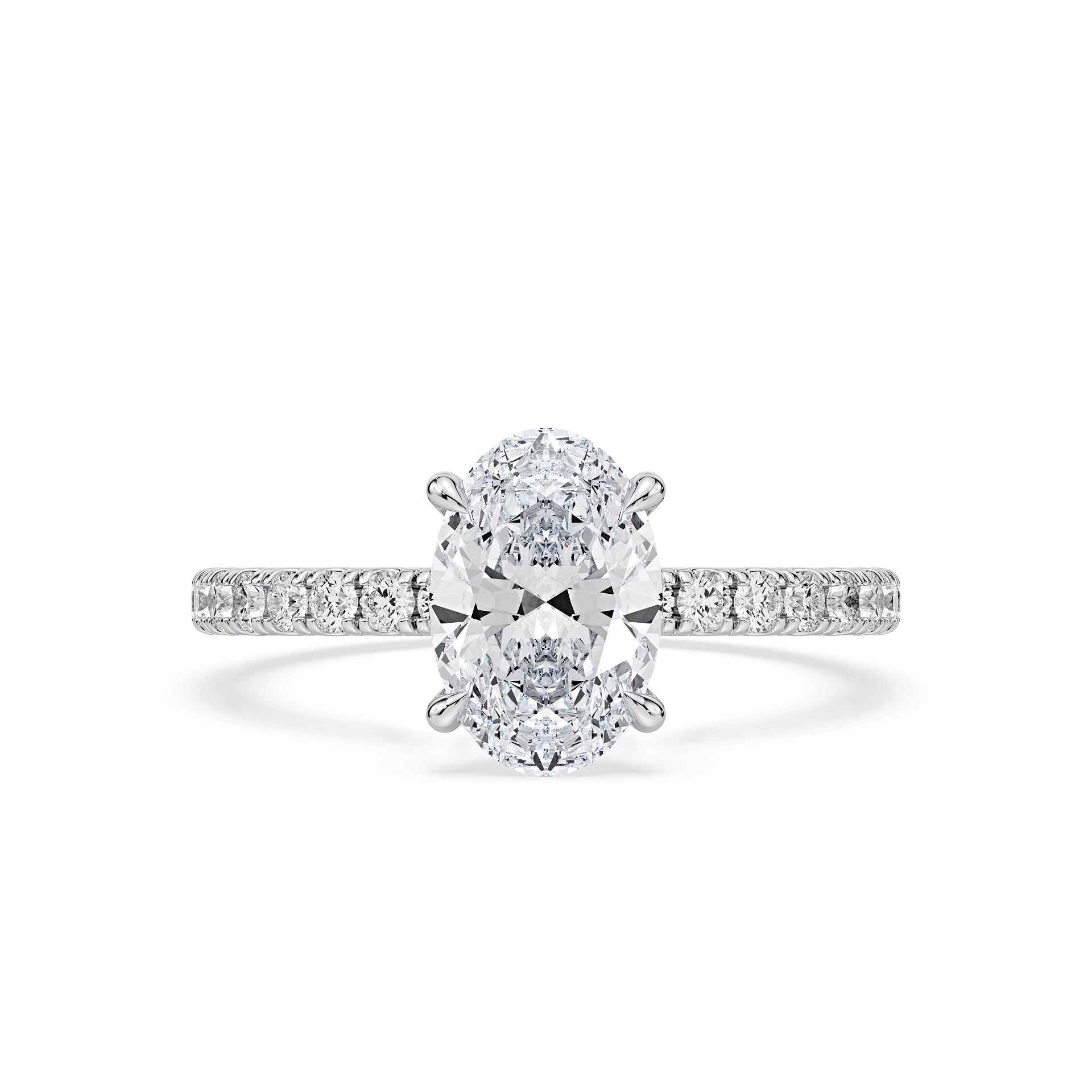 4-CLAW SOLITAIRE OVAL DIAMOND ENGAGEMENT RING WITH SMALL ROUND SHOULDER DIAMONDS AND HIDDEN HALO in 18ct White Gold