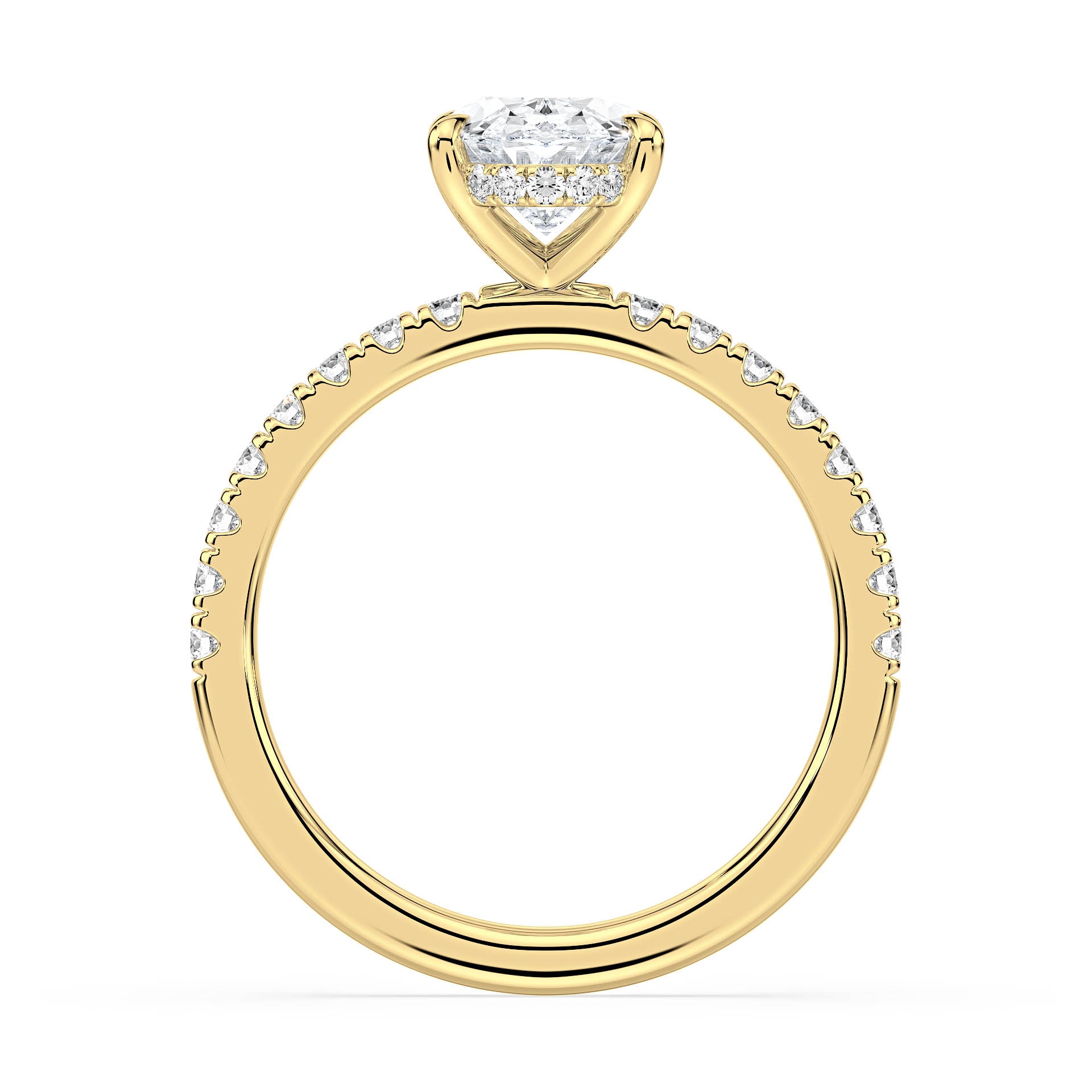 4-CLAW SOLITAIRE OVAL DIAMOND ENGAGEMENT RING WITH SMALL ROUND SHOULDER DIAMONDS AND HIDDEN HALO in 18ct Yellow Gold