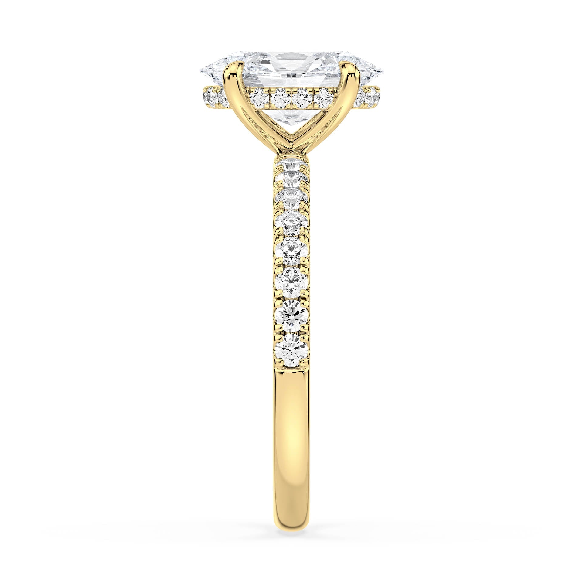 4-CLAW SOLITAIRE OVAL DIAMOND ENGAGEMENT RING WITH SMALL ROUND SHOULDER DIAMONDS AND HIDDEN HALO in 18ct Yellow Gold