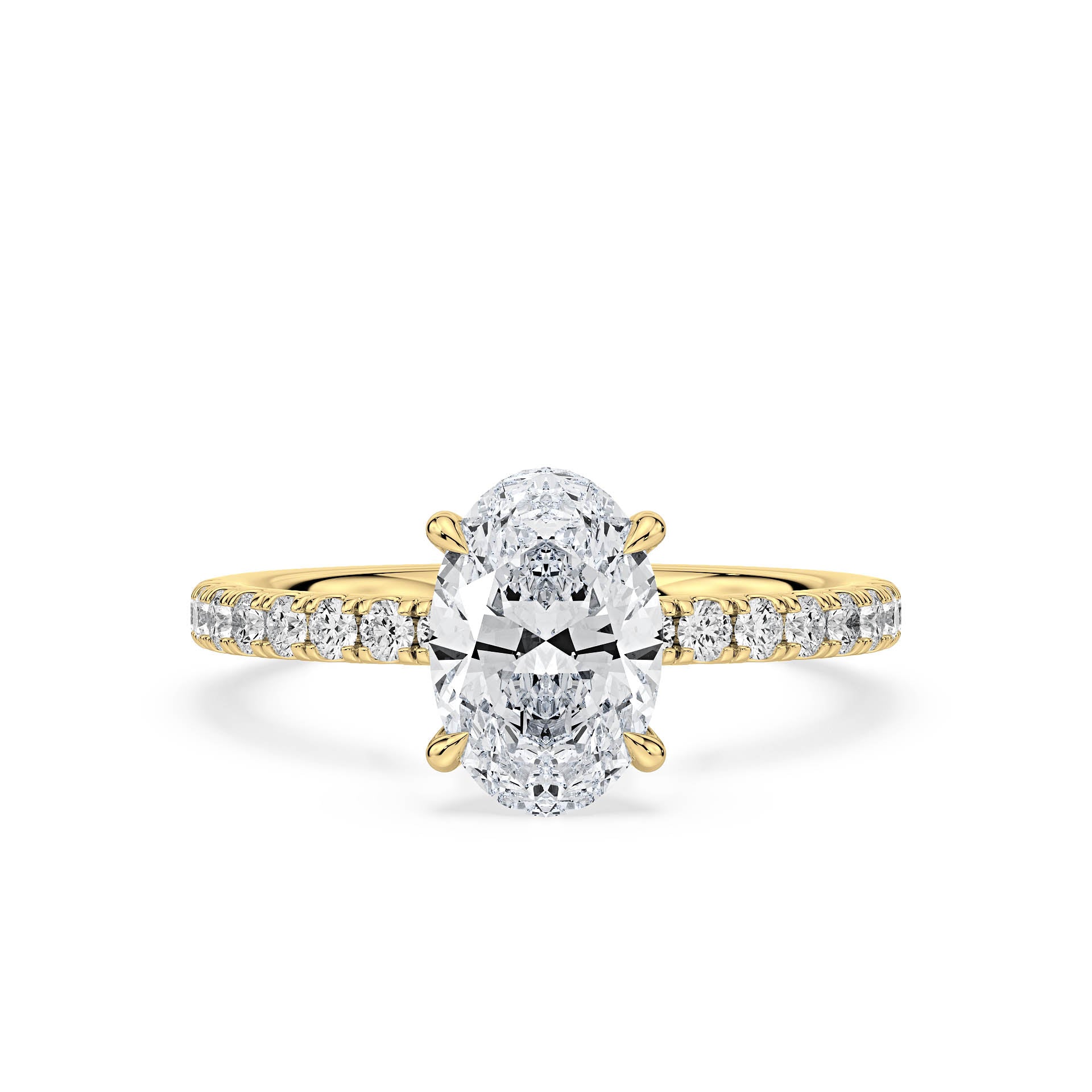 4-CLAW SOLITAIRE OVAL DIAMOND ENGAGEMENT RING WITH SMALL ROUND SHOULDER DIAMONDS AND HIDDEN HALO in 18ct Yellow Gold