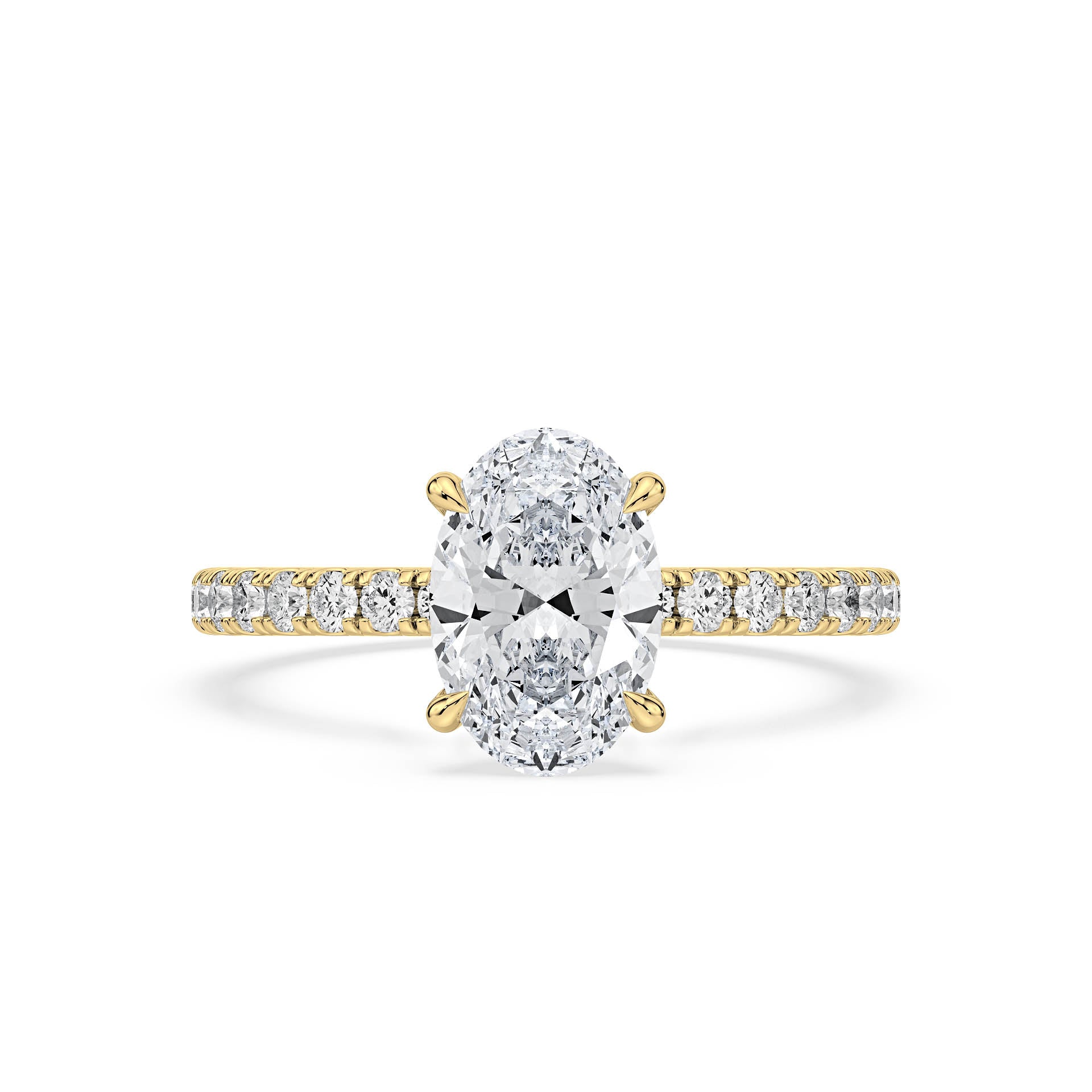 4-CLAW SOLITAIRE OVAL DIAMOND ENGAGEMENT RING WITH SMALL ROUND SHOULDER DIAMONDS AND HIDDEN HALO in 18ct Yellow Gold