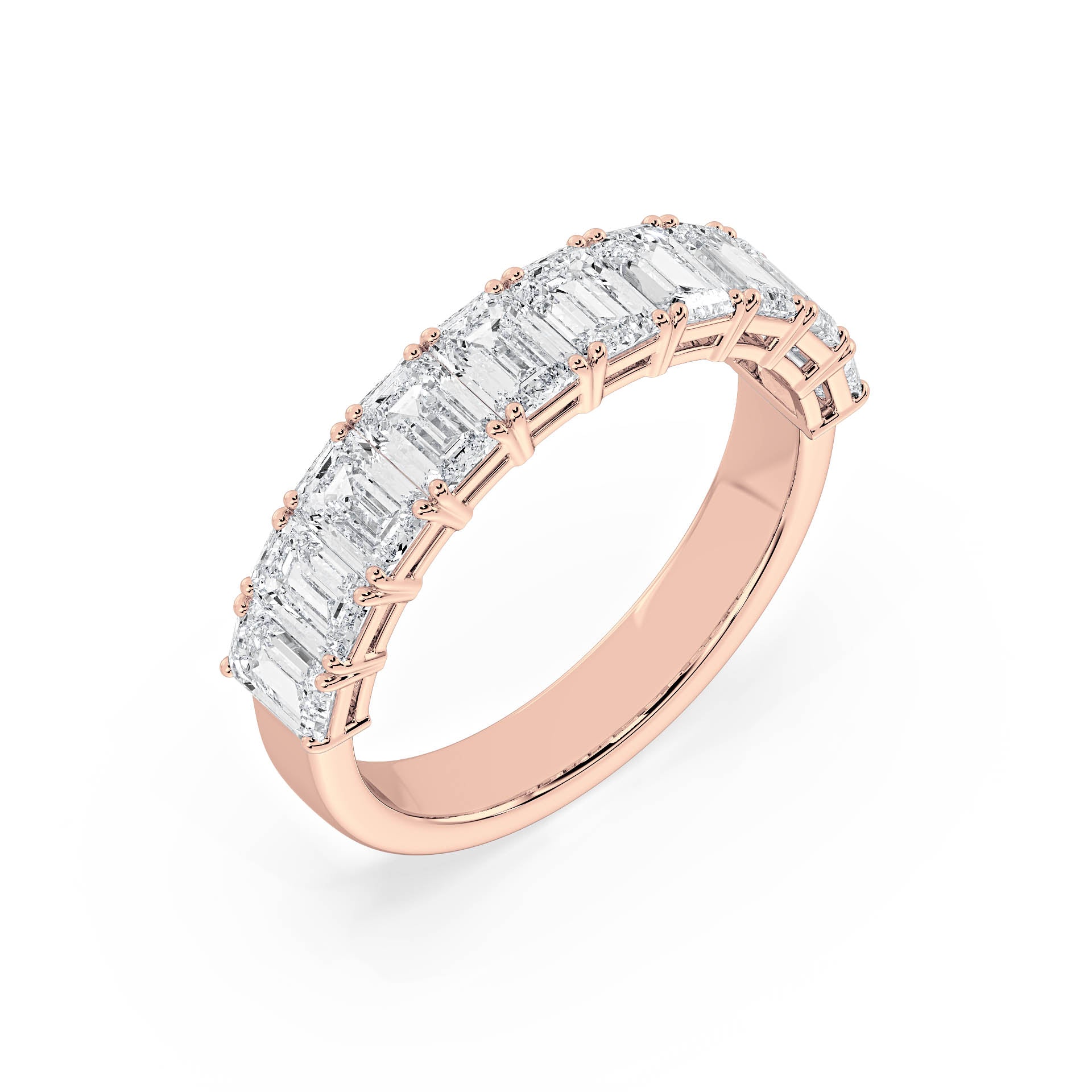 CLAW SET HALF ETERNITY EMERALD CUT DIAMOND RING in 18ct Rose Gold