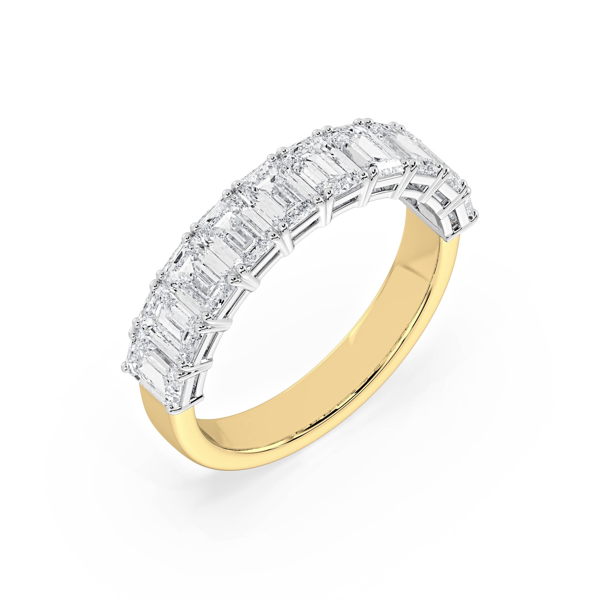 CLAW SET HALF ETERNITY EMERALD CUT DIAMOND RING in 18ct Two Tone Gold