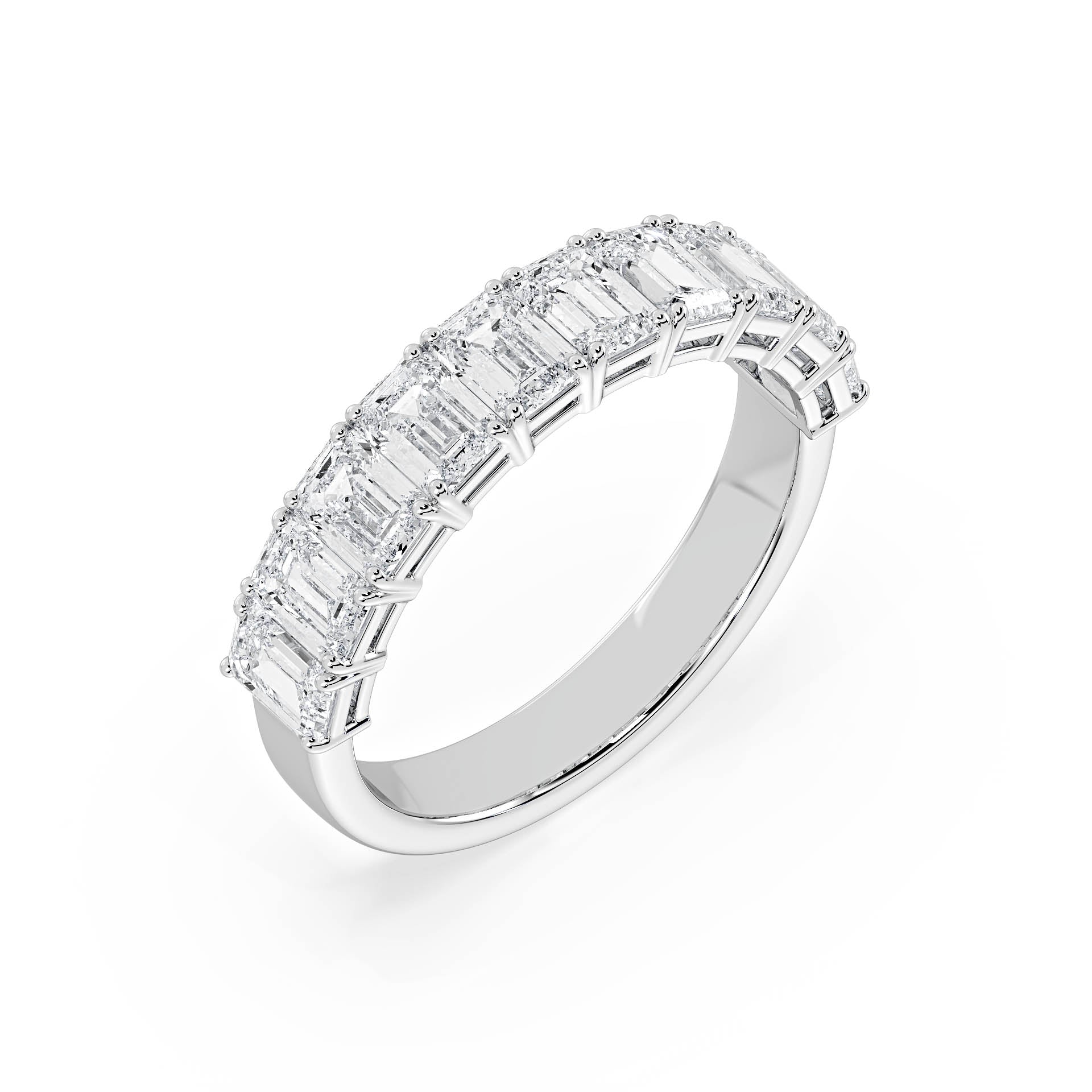 CLAW SET HALF ETERNITY EMERALD CUT DIAMOND RING in 18ct White Gold