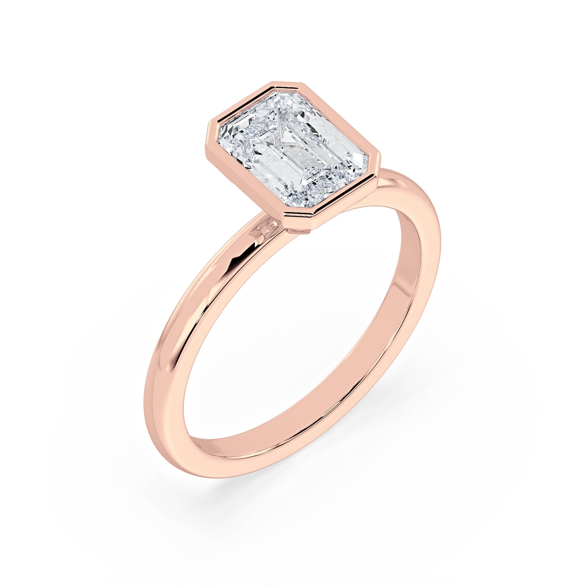 BEZEL SET SOLITAIRE EMERALD CUT DIAMOND ENGAGEMENT RING in 18ct Rose Gold