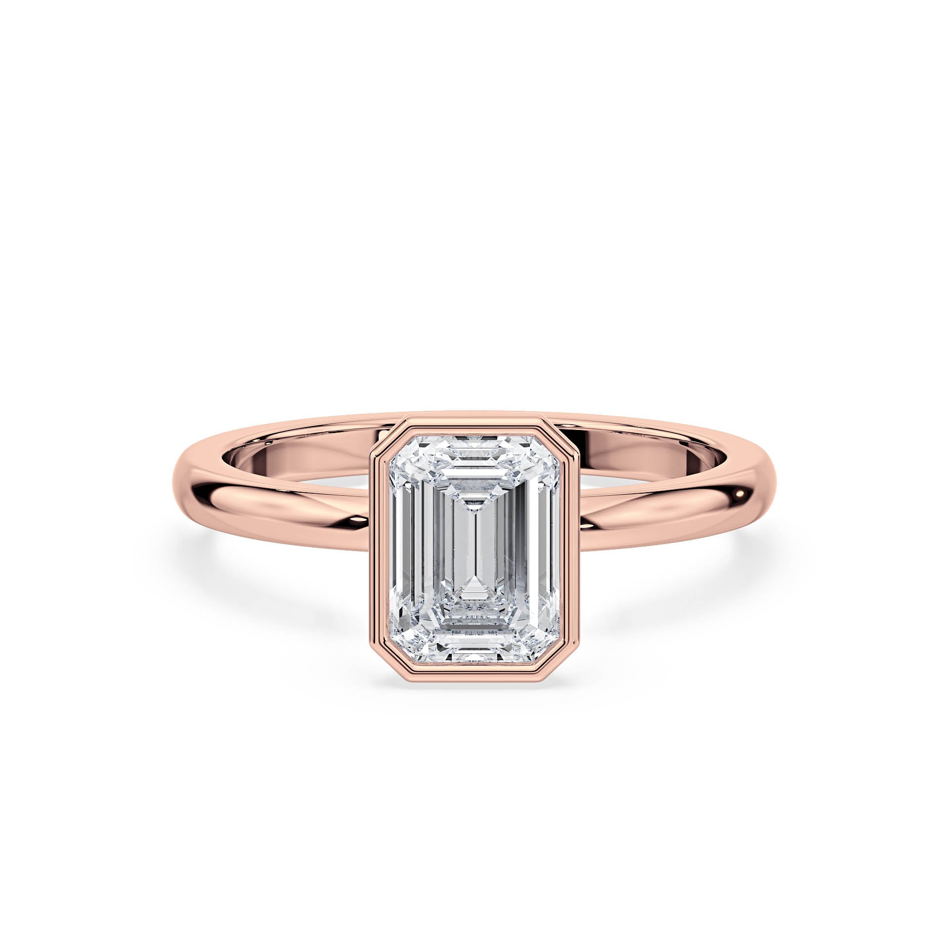 BEZEL SET SOLITAIRE EMERALD CUT DIAMOND ENGAGEMENT RING in 18ct Rose Gold