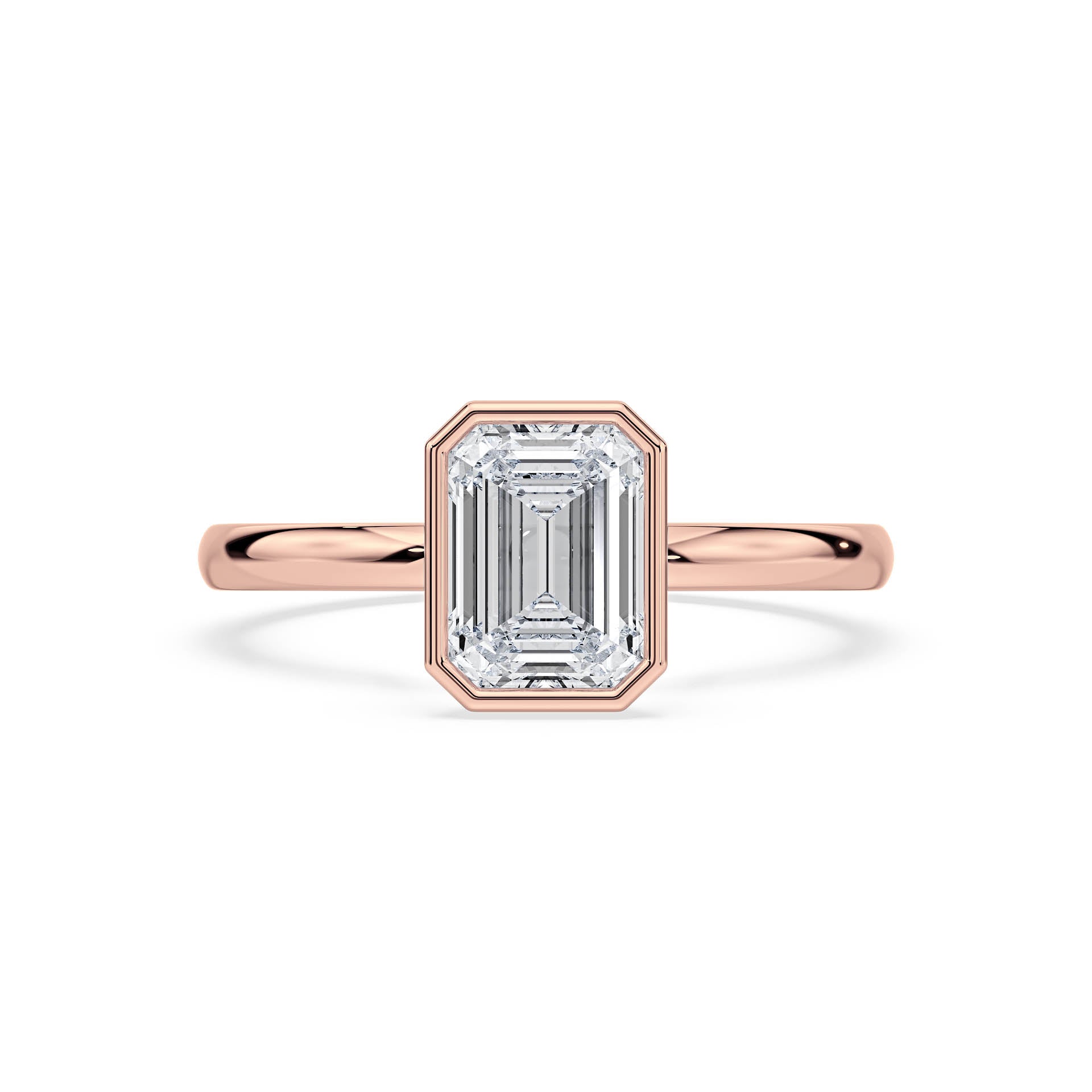 BEZEL SET SOLITAIRE EMERALD CUT DIAMOND ENGAGEMENT RING in 18ct Rose Gold