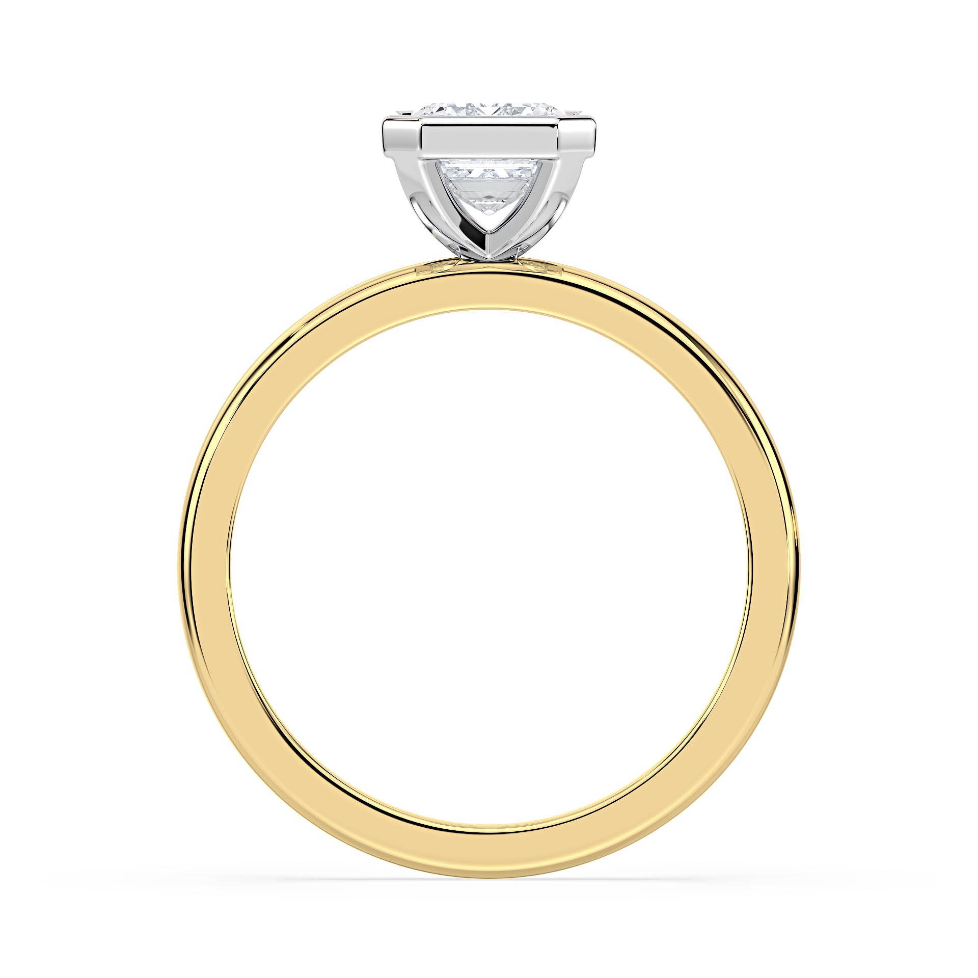 BEZEL SET SOLITAIRE EMERALD CUT DIAMOND ENGAGEMENT RING in 18ct Two Tone Gold