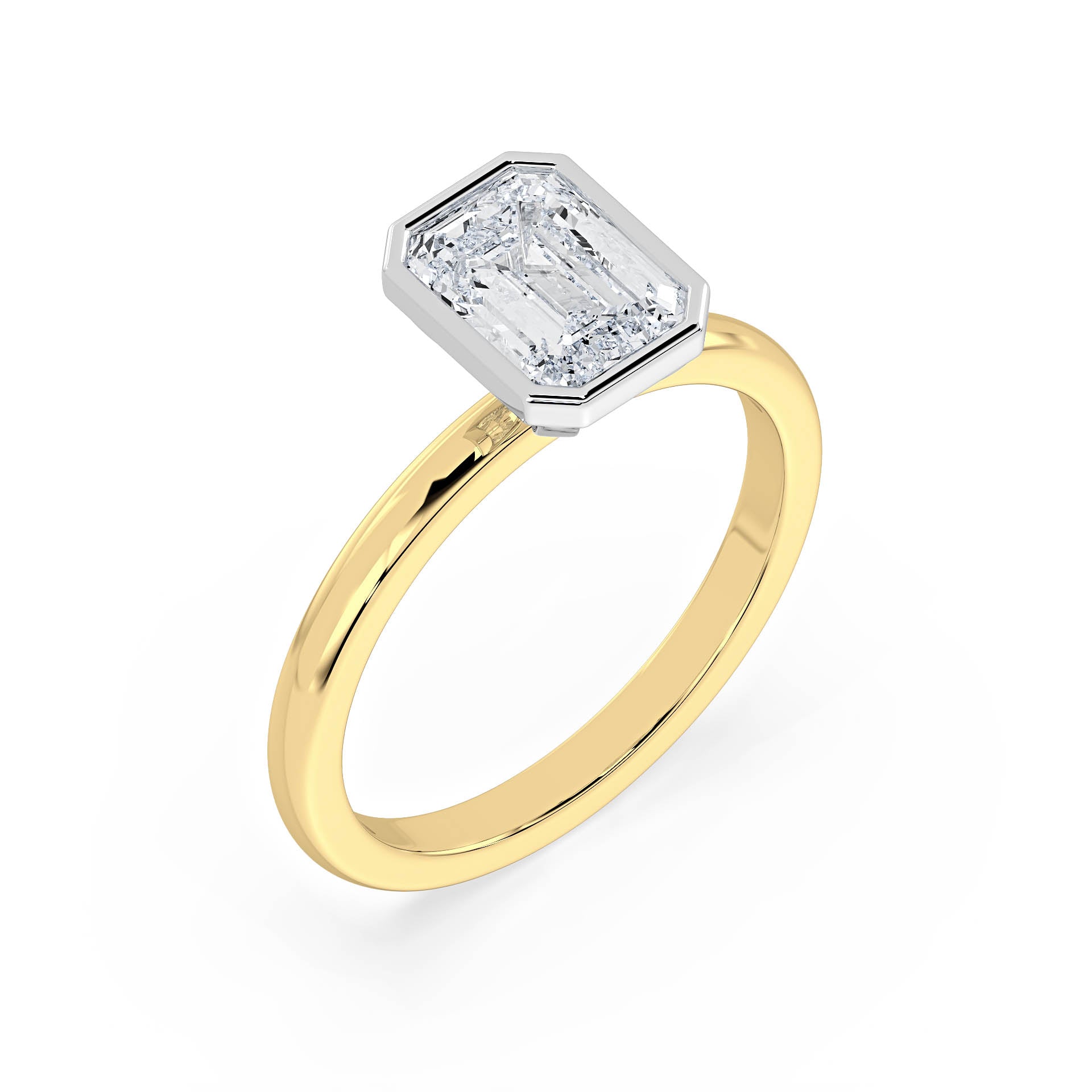 BEZEL SET SOLITAIRE EMERALD CUT DIAMOND ENGAGEMENT RING in 18ct Two Tone Gold