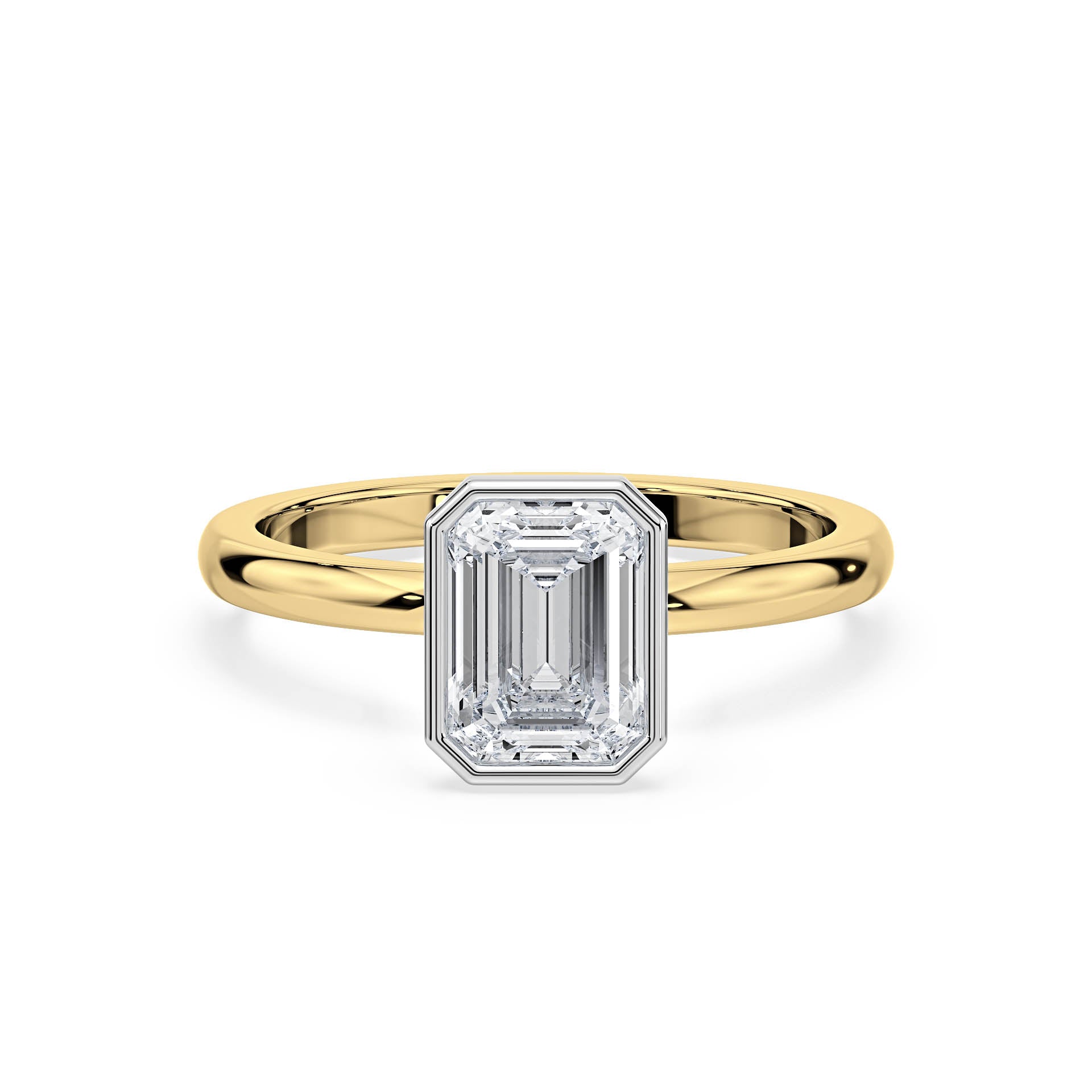 BEZEL SET SOLITAIRE EMERALD CUT DIAMOND ENGAGEMENT RING in 18ct Two Tone Gold