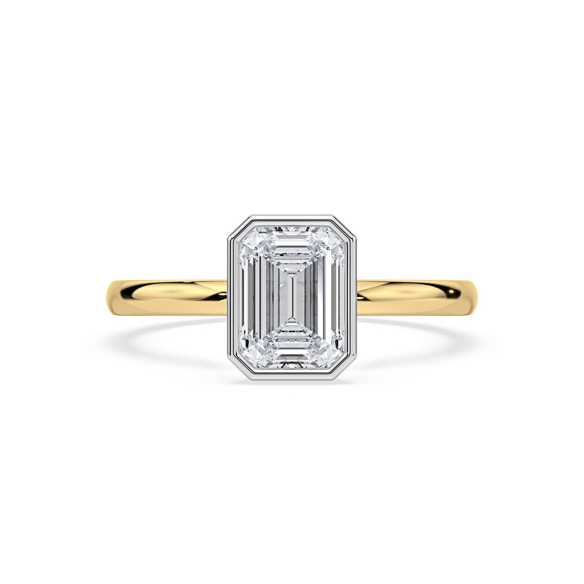 BEZEL SET SOLITAIRE EMERALD CUT DIAMOND ENGAGEMENT RING in 18ct Two Tone Gold