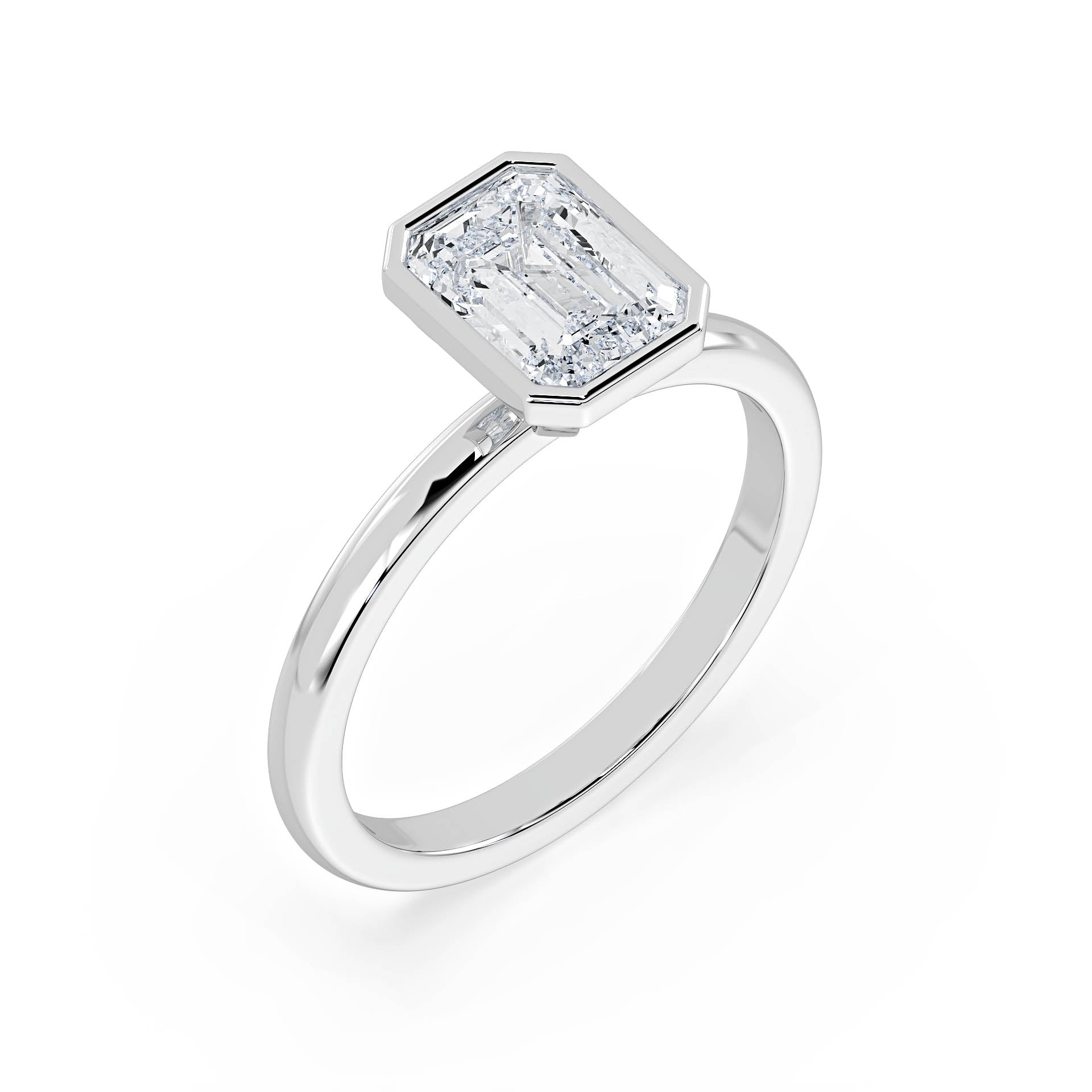 BEZEL SET SOLITAIRE EMERALD CUT DIAMOND ENGAGEMENT RING in 18ct White Gold