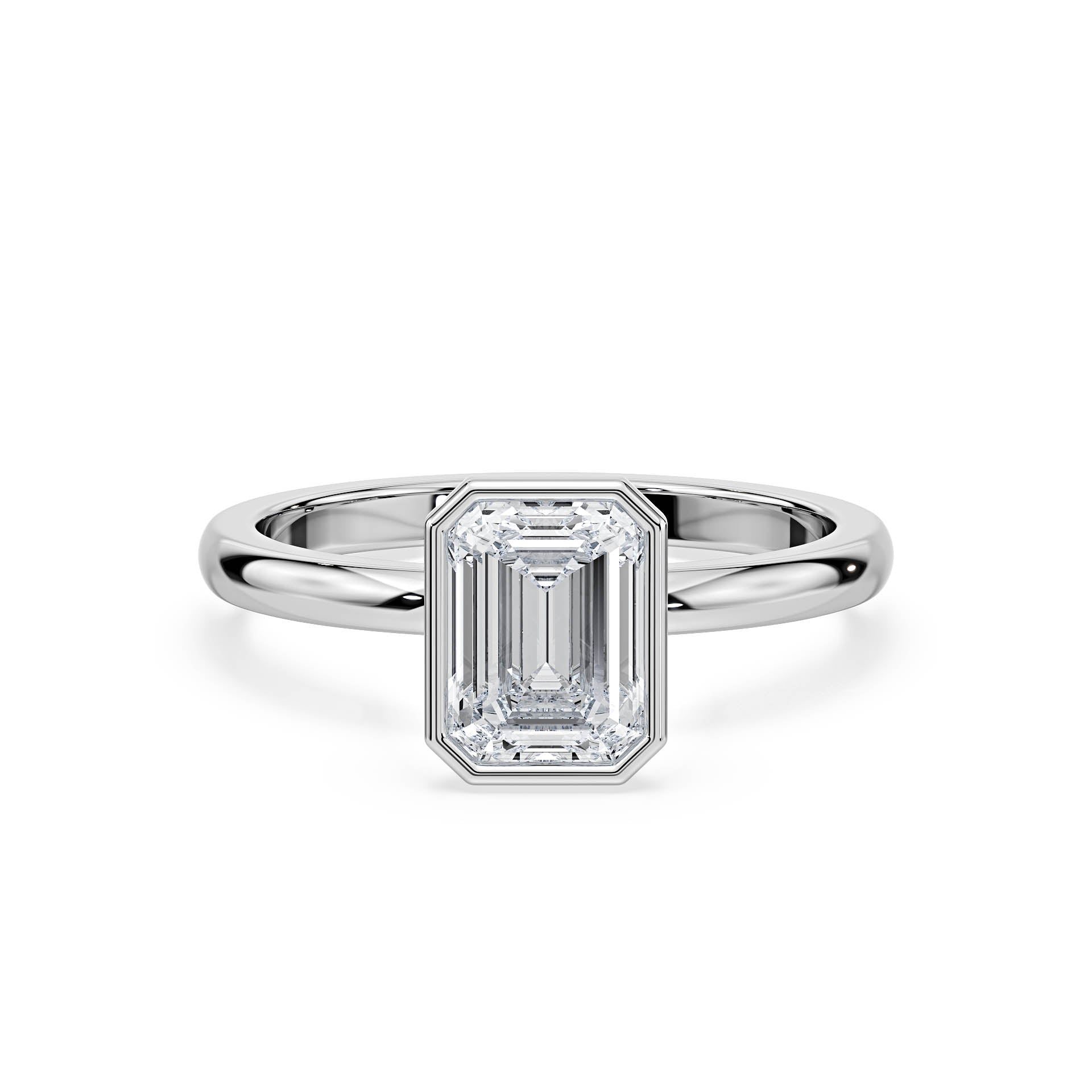 BEZEL SET SOLITAIRE EMERALD CUT DIAMOND ENGAGEMENT RING in 18ct White Gold