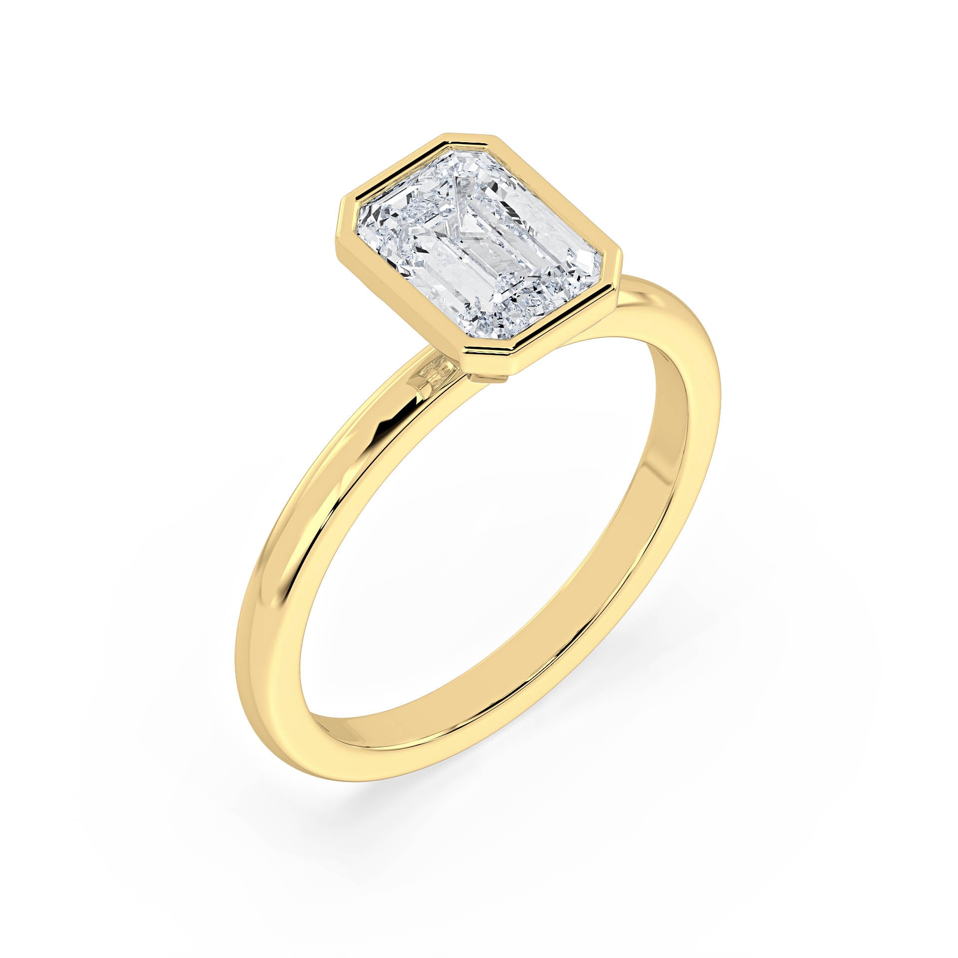 BEZEL SET SOLITAIRE EMERALD CUT DIAMOND ENGAGEMENT RING in 18ct Yellow Gold