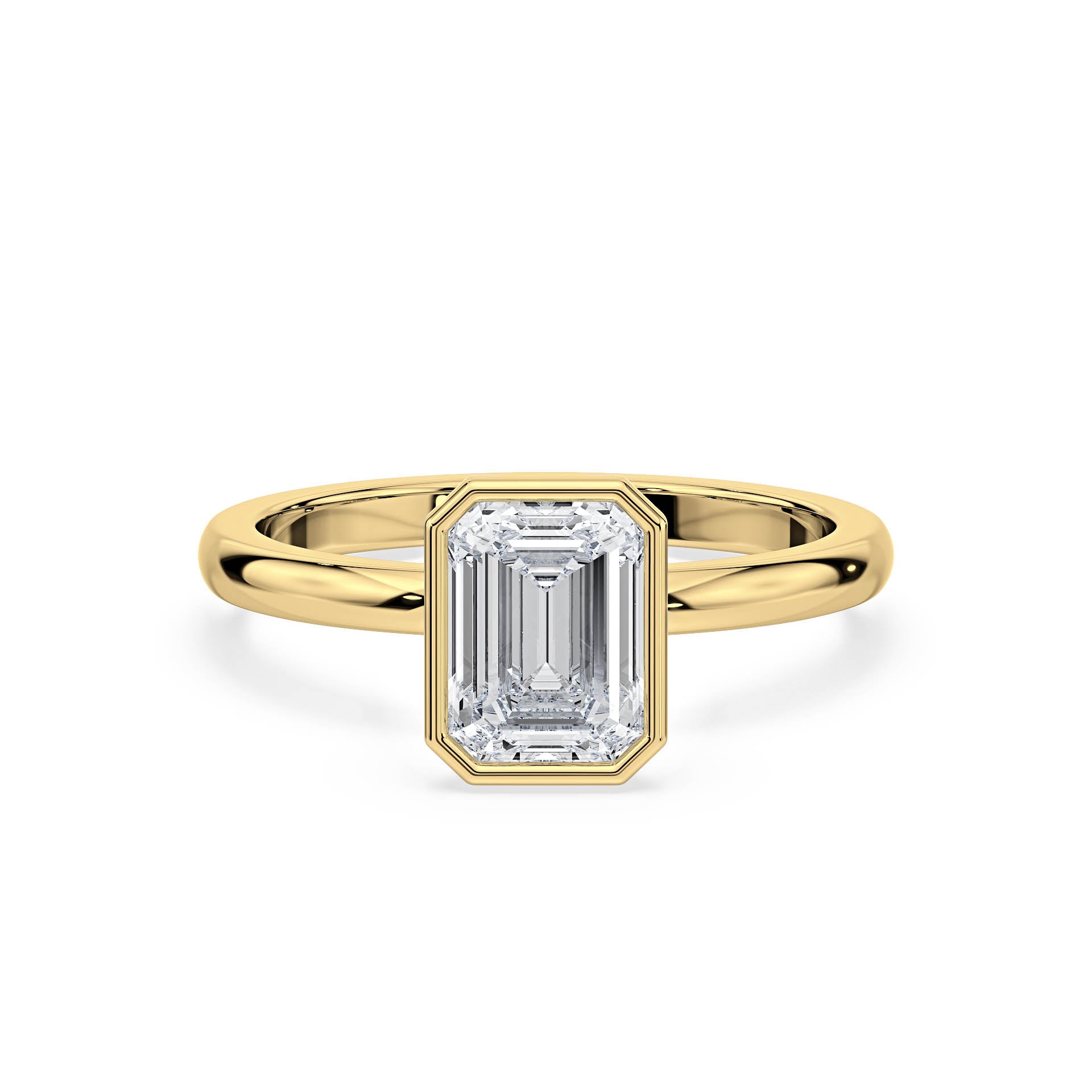 BEZEL SET SOLITAIRE EMERALD CUT DIAMOND ENGAGEMENT RING in 18ct Yellow Gold