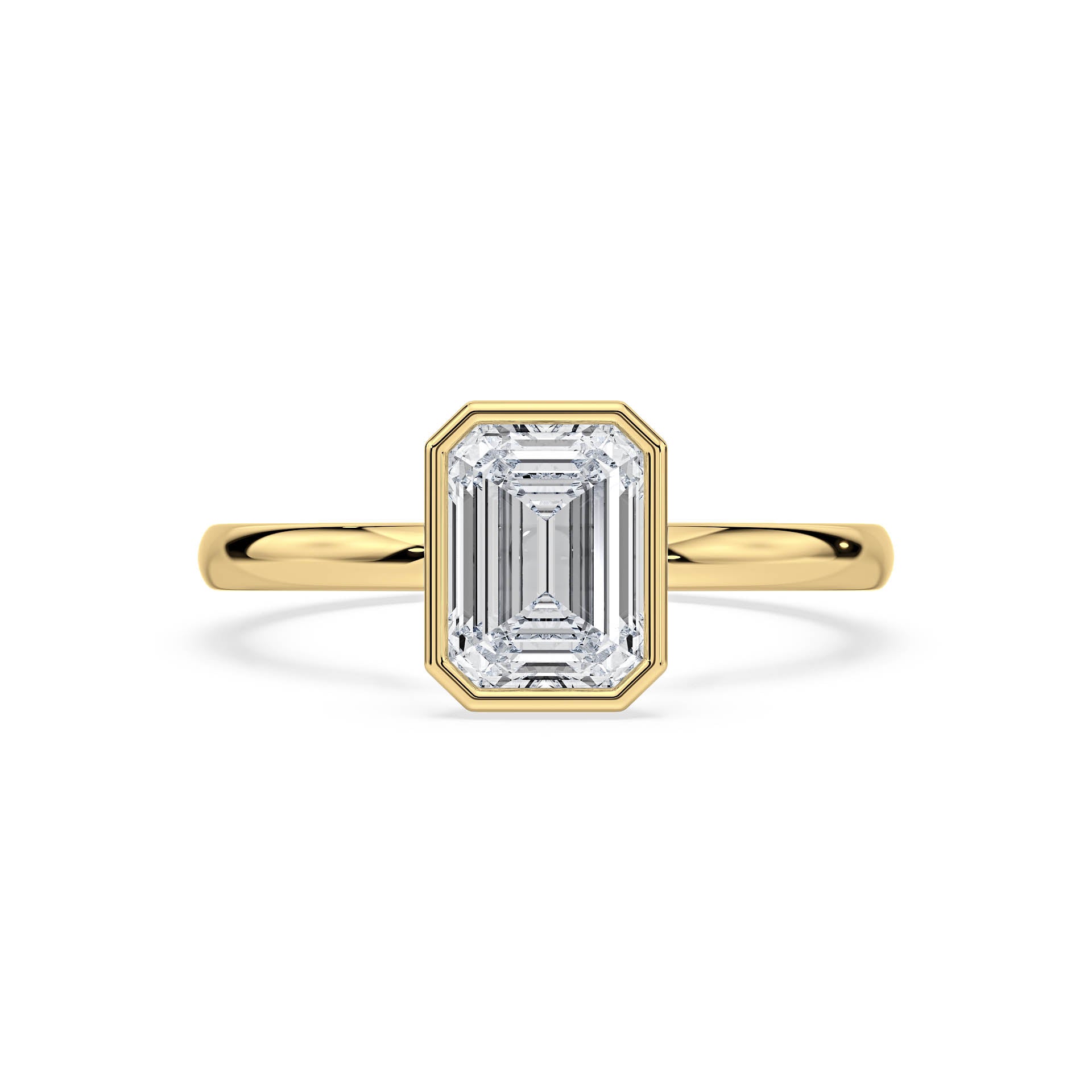 BEZEL SET SOLITAIRE EMERALD CUT DIAMOND ENGAGEMENT RING in 18ct Yellow Gold