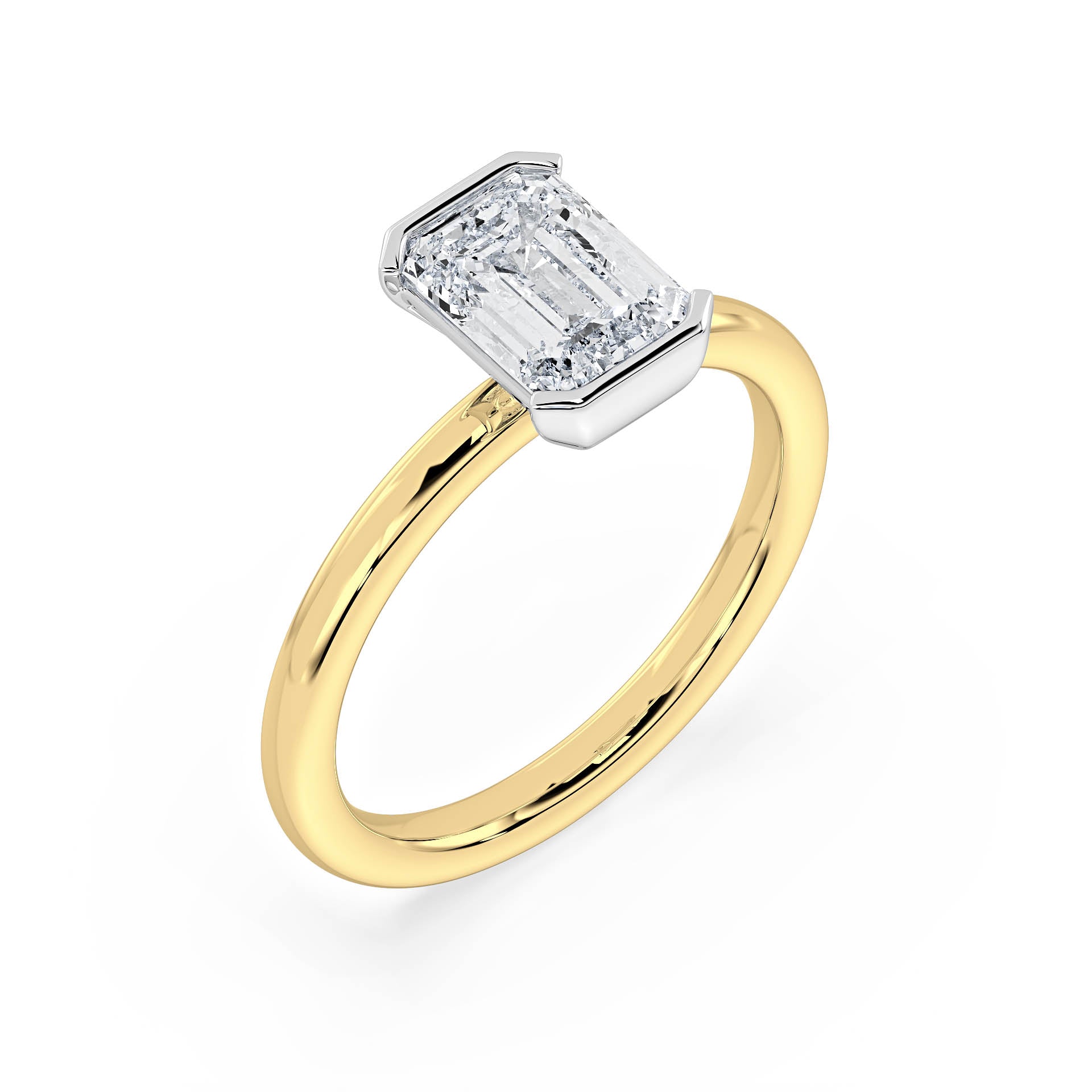 SEMI-BEZEL SET SOLITAIRE EMERALD CUT DIAMOND ENGAGEMENT RING in 18ct Two Tone Gold