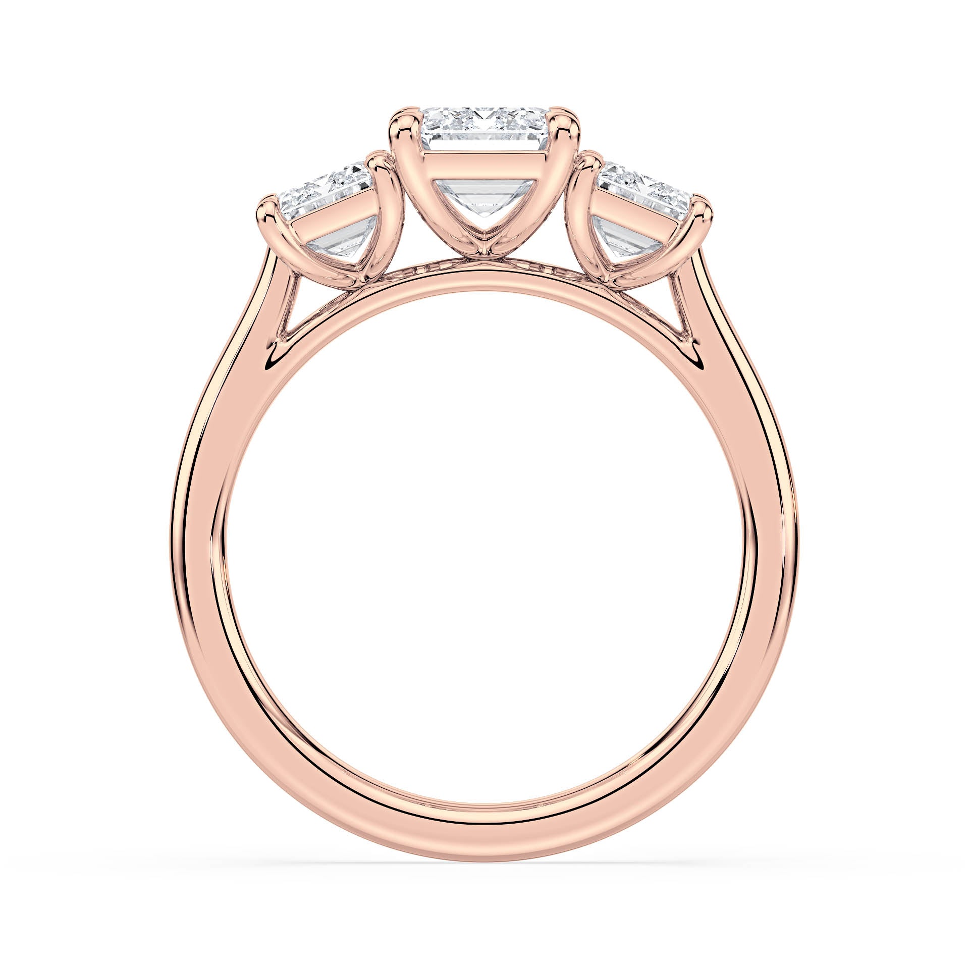 3-STONE 4-CLAW CATHEDRAL EMERALD CUT DIAMOND ENGAGEMENT RING in 18ct Rose Gold