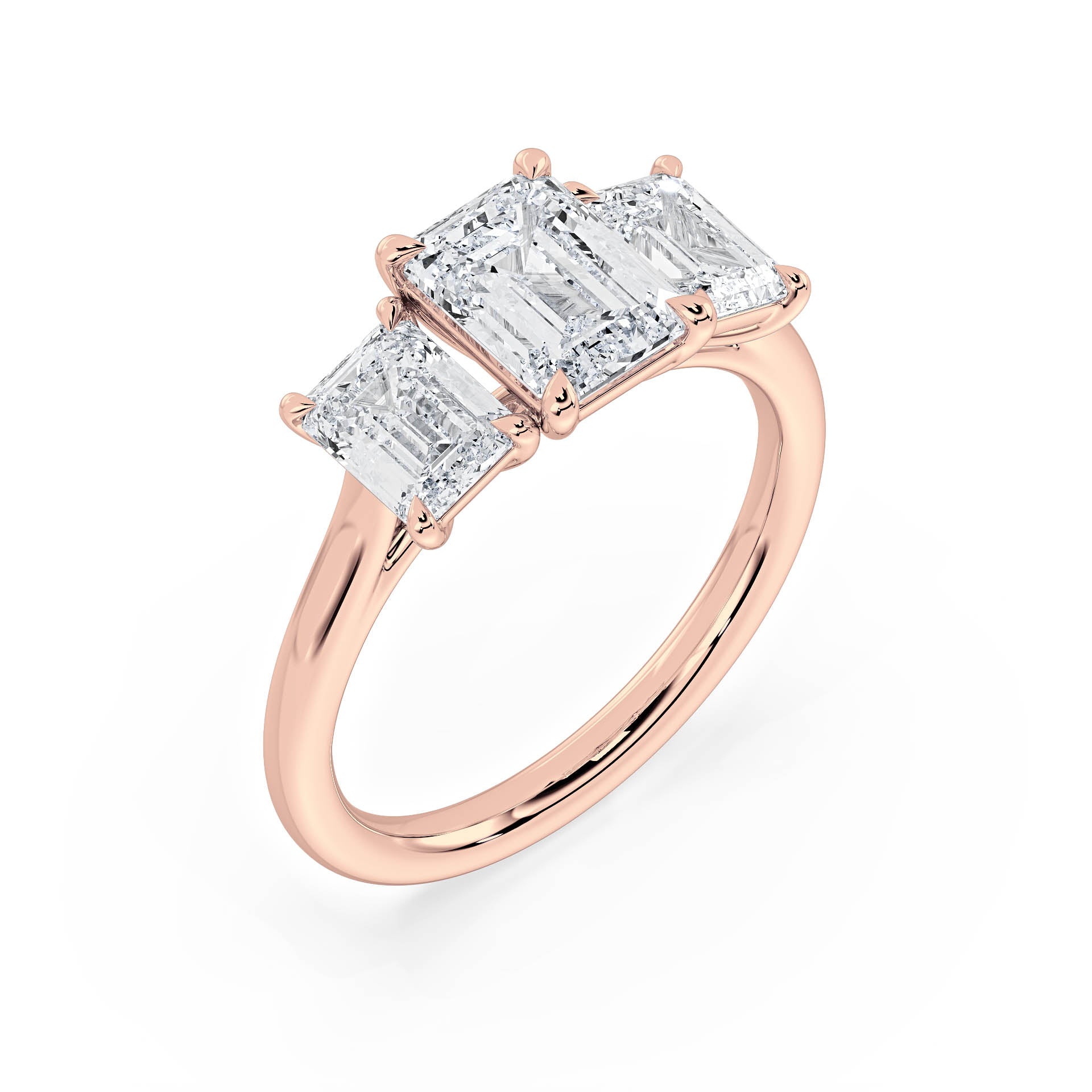 3-STONE 4-CLAW CATHEDRAL EMERALD CUT DIAMOND ENGAGEMENT RING in 18ct Rose Gold