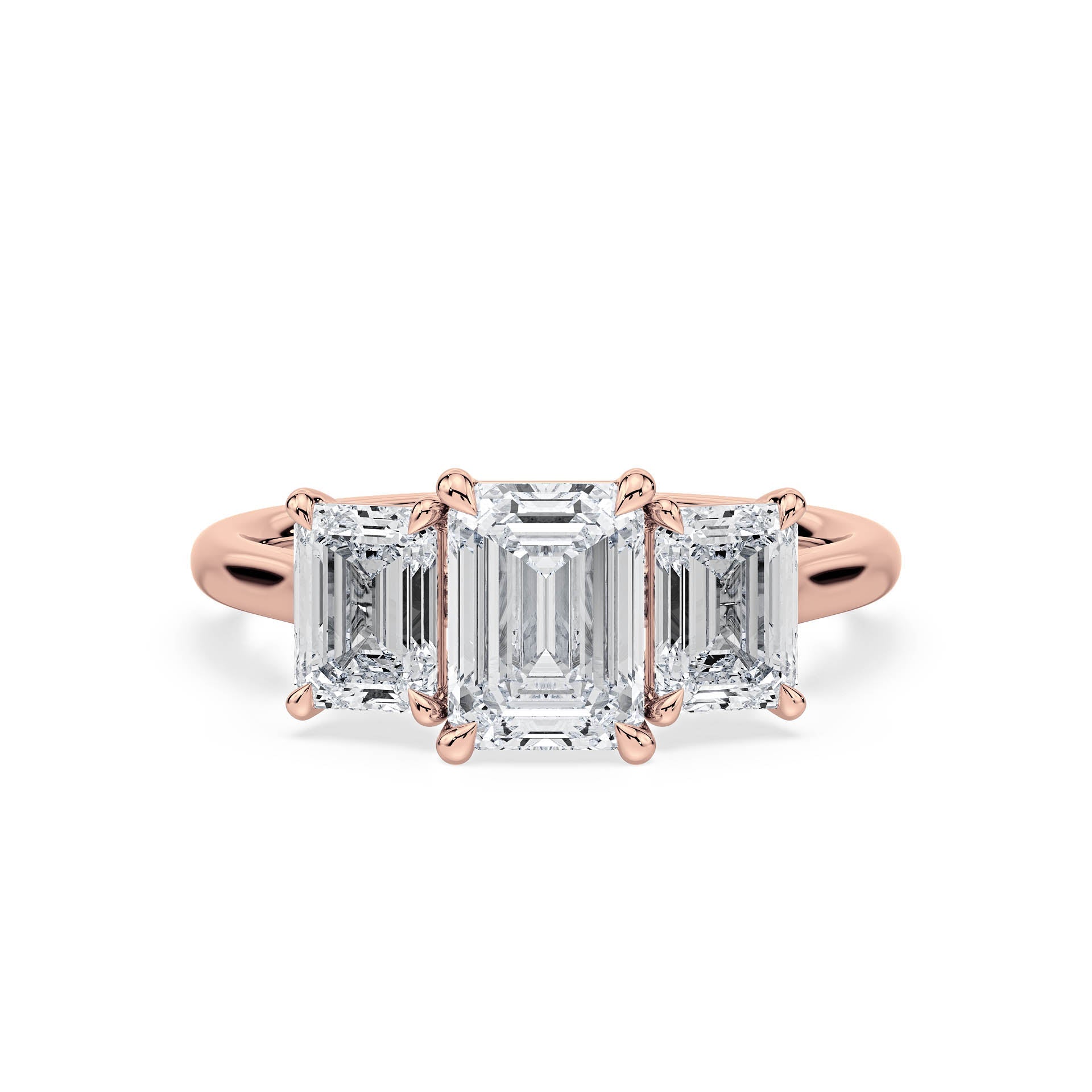 3-STONE 4-CLAW CATHEDRAL EMERALD CUT DIAMOND ENGAGEMENT RING in 18ct Rose Gold