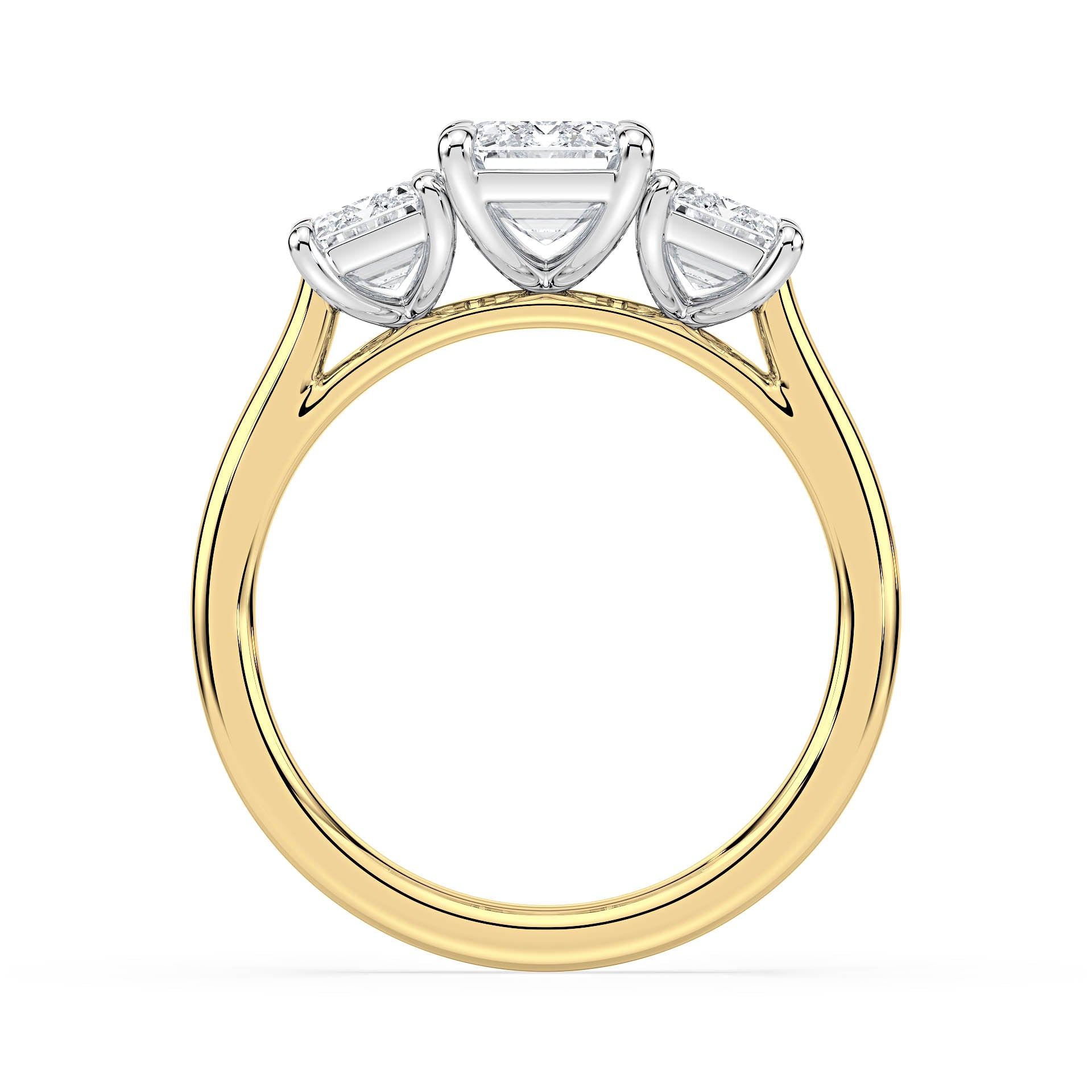 3-STONE 4-CLAW CATHEDRAL EMERALD CUT DIAMOND ENGAGEMENT RING in 18ct Two Tone Gold