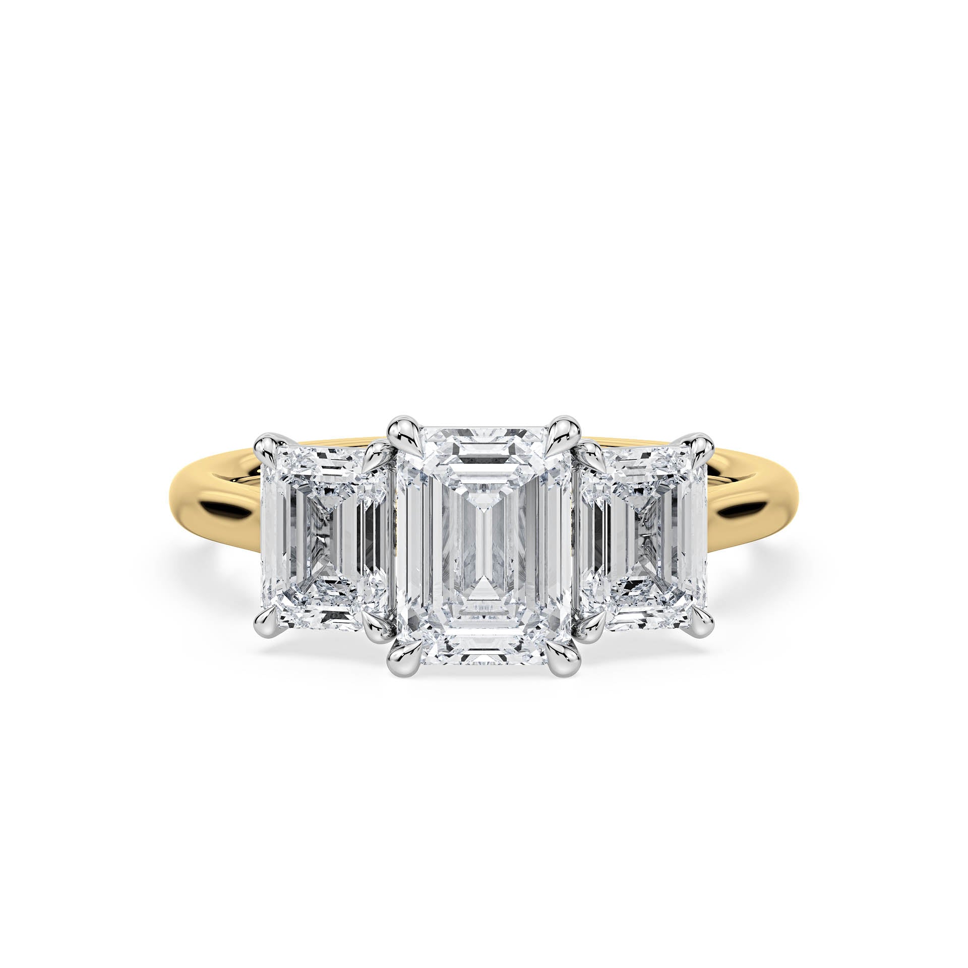 3-STONE 4-CLAW CATHEDRAL EMERALD CUT DIAMOND ENGAGEMENT RING in 18ct Two Tone Gold