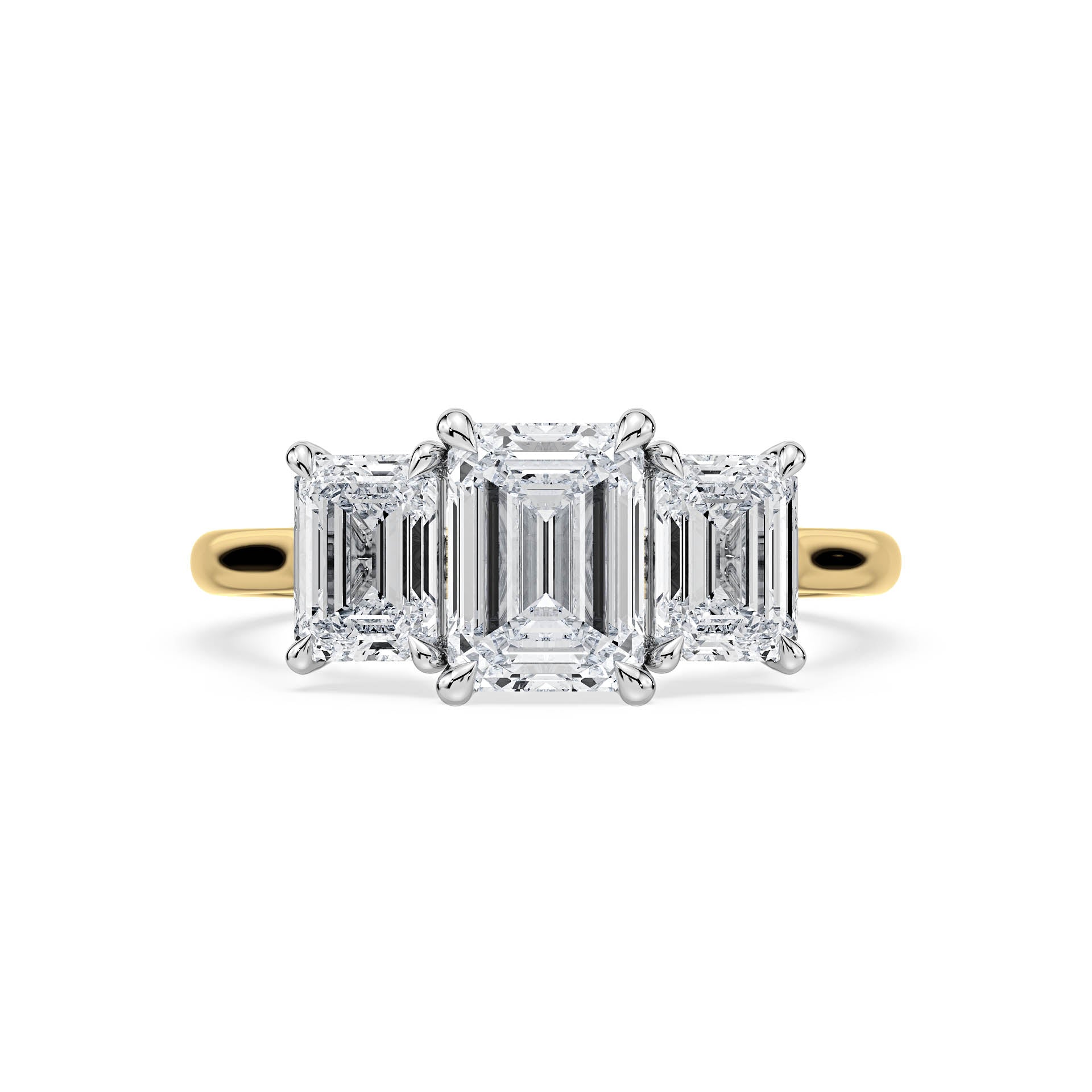 3-STONE 4-CLAW CATHEDRAL EMERALD CUT DIAMOND ENGAGEMENT RING in 18ct Two Tone Gold