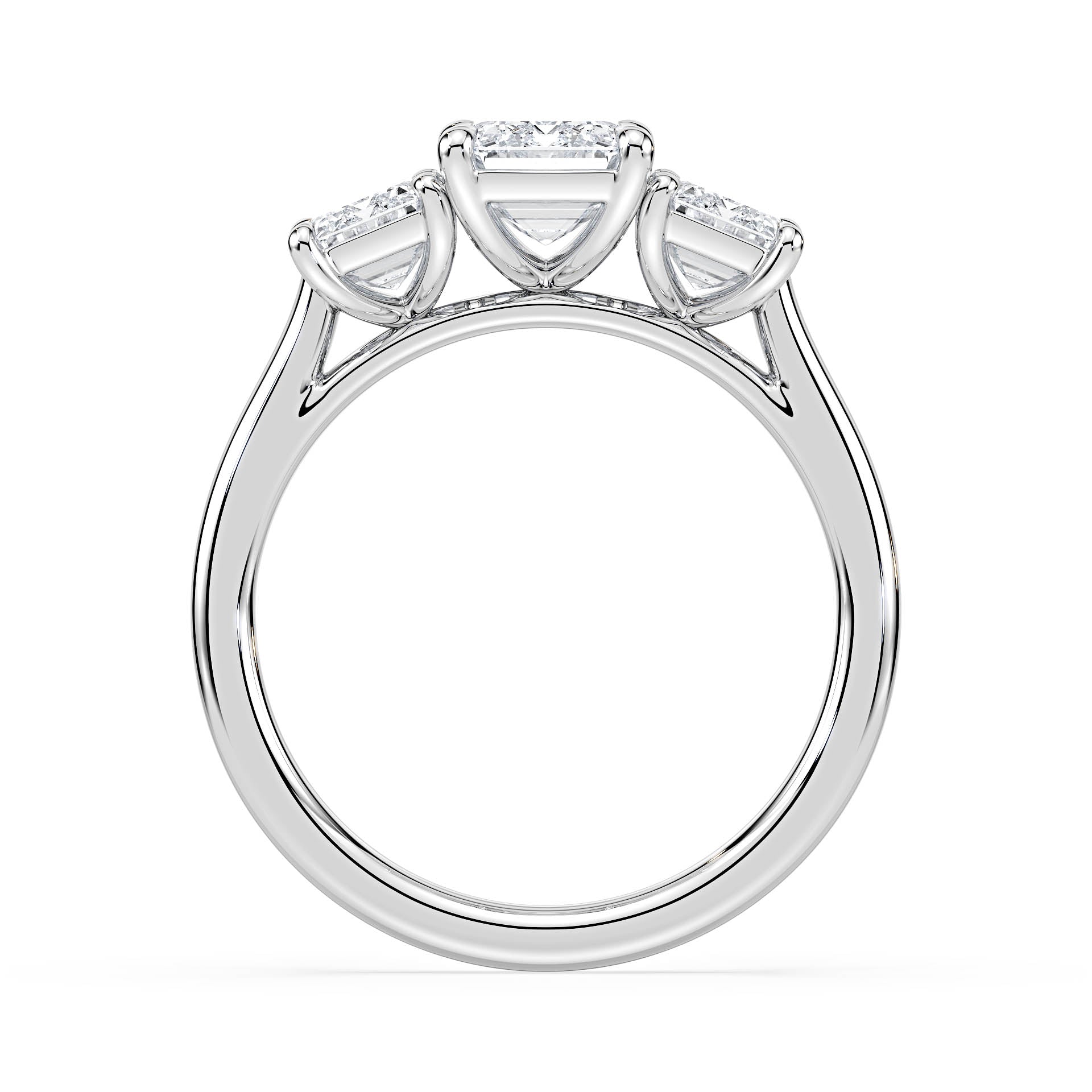 3-STONE 4-CLAW CATHEDRAL EMERALD CUT DIAMOND ENGAGEMENT RING in 18ct White Gold