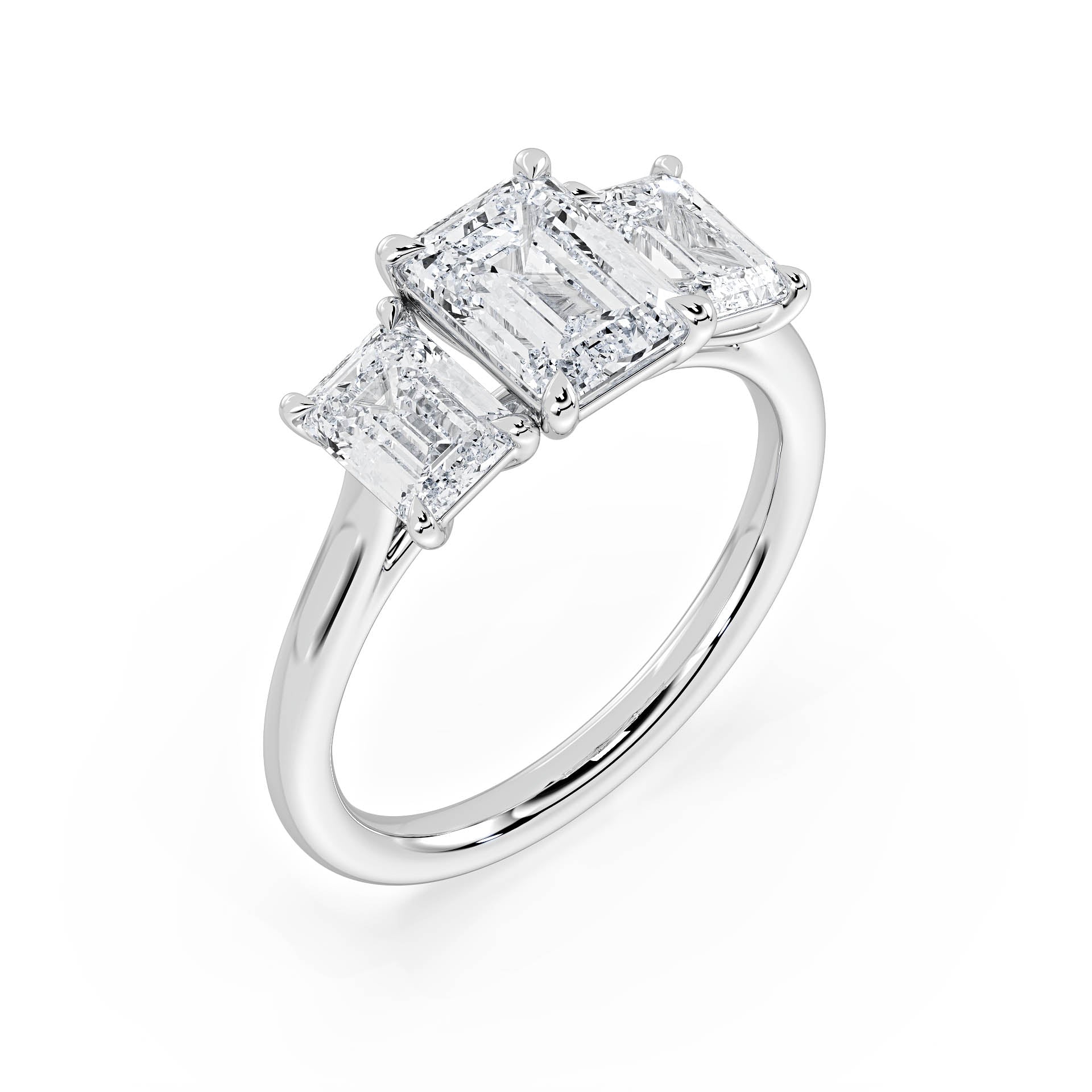 3-STONE 4-CLAW CATHEDRAL EMERALD CUT DIAMOND ENGAGEMENT RING in 18ct White Gold