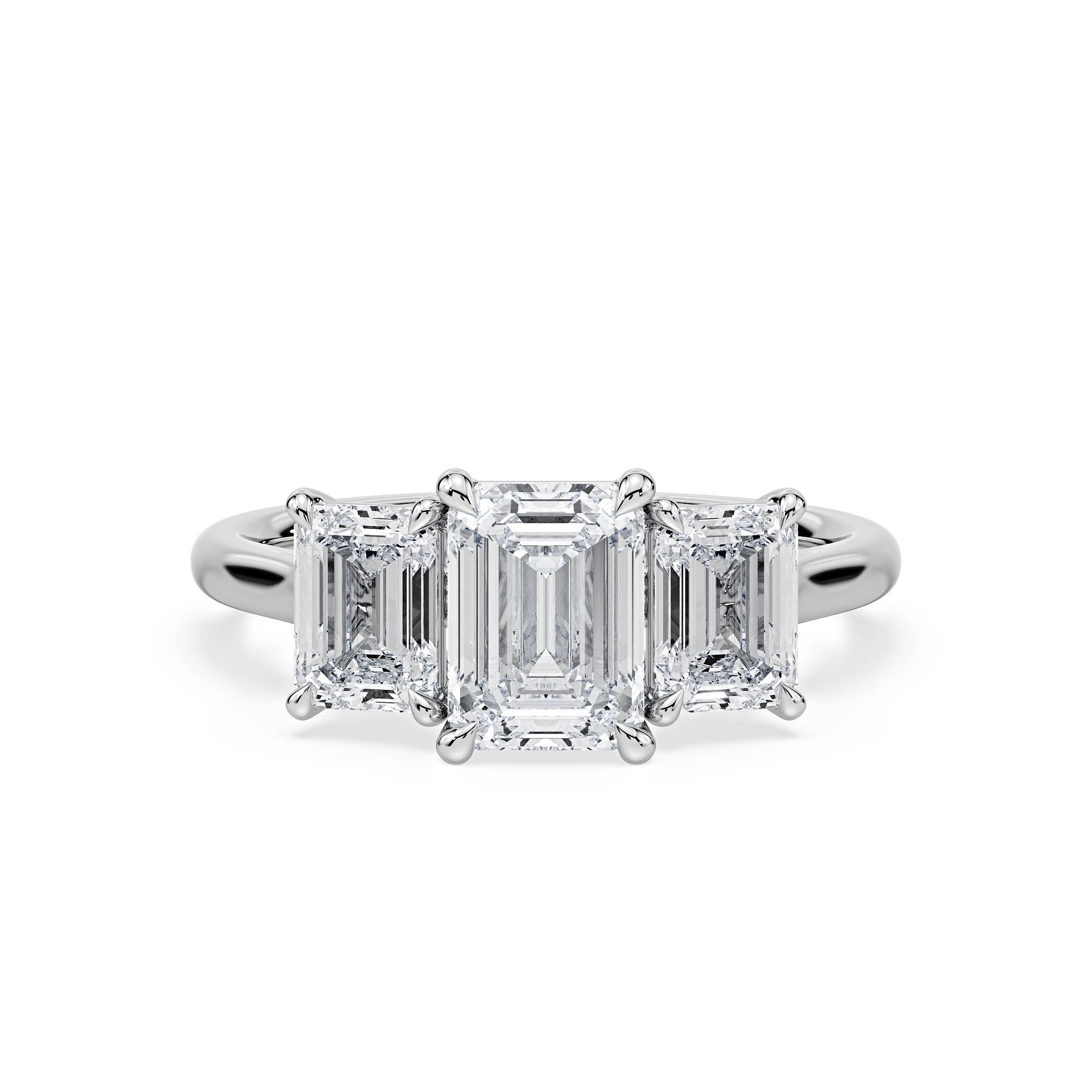 3-STONE 4-CLAW CATHEDRAL EMERALD CUT DIAMOND ENGAGEMENT RING in 18ct White Gold