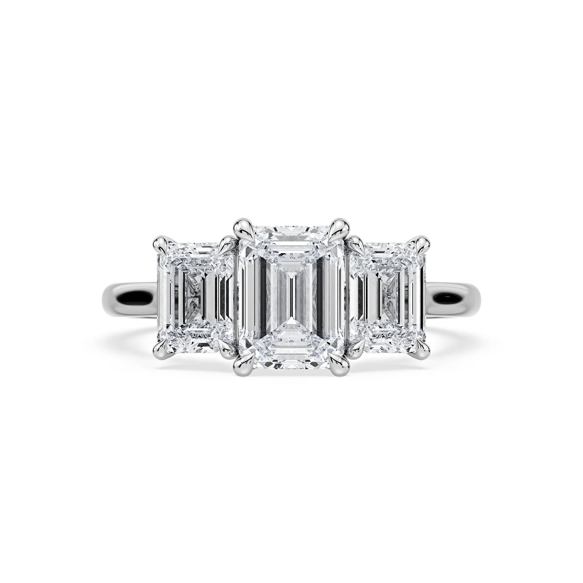 3-STONE 4-CLAW CATHEDRAL EMERALD CUT DIAMOND ENGAGEMENT RING in 18ct White Gold