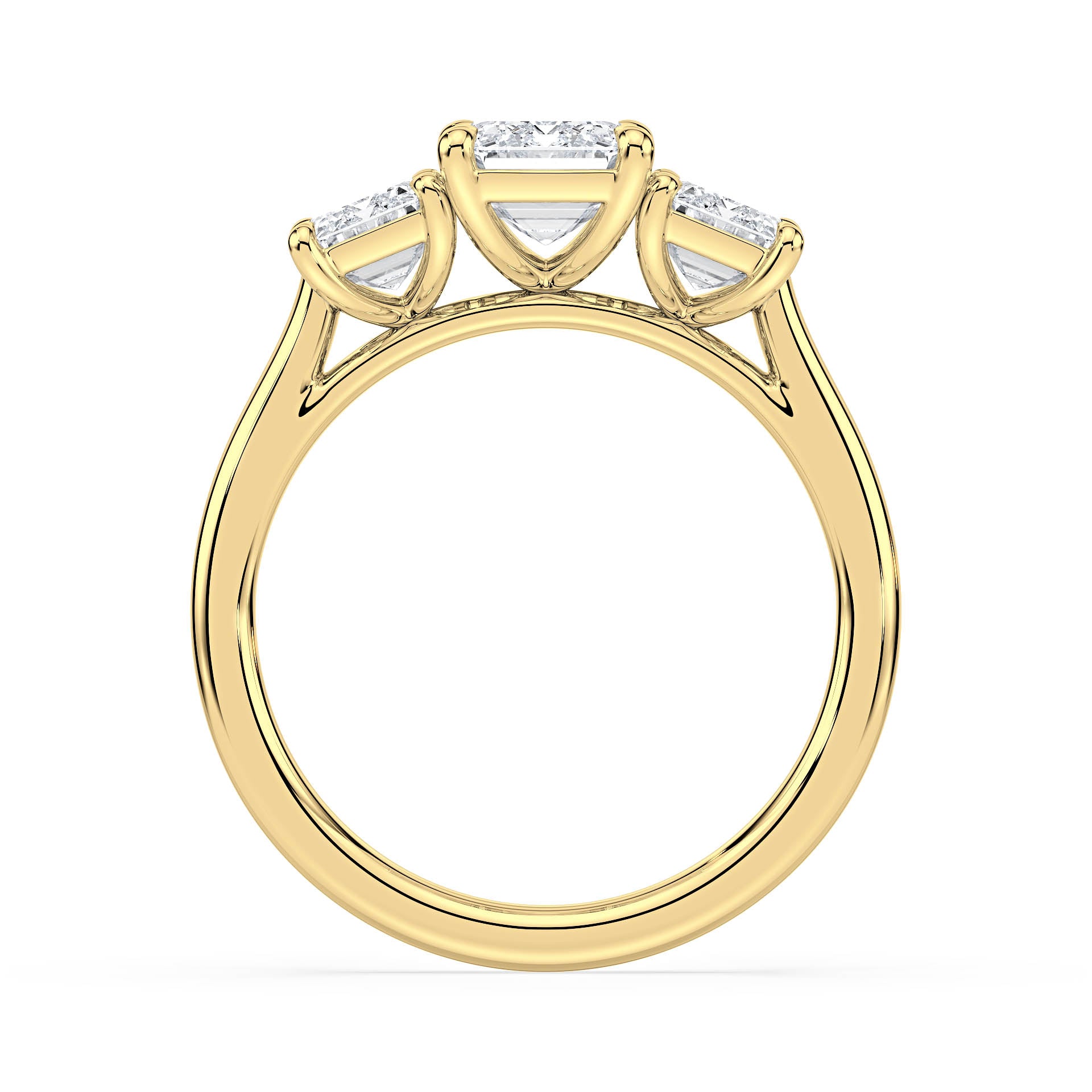 3-STONE 4-CLAW CATHEDRAL EMERALD CUT DIAMOND ENGAGEMENT RING in 18ct Yellow Gold