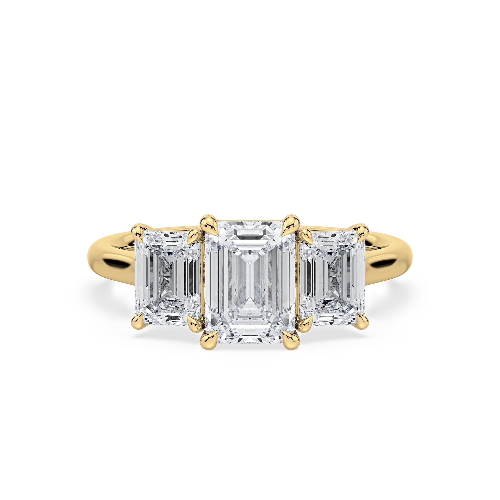 3-STONE 4-CLAW CATHEDRAL EMERALD CUT DIAMOND ENGAGEMENT RING in 18ct Yellow Gold