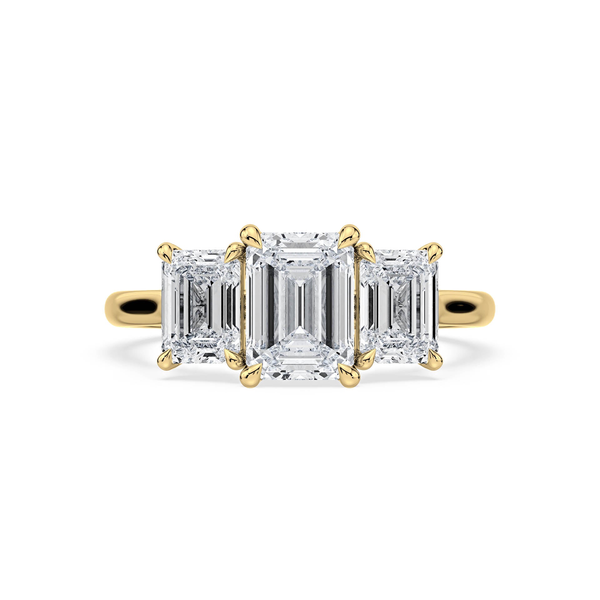 3-STONE 4-CLAW CATHEDRAL EMERALD CUT DIAMOND ENGAGEMENT RING in 18ct Yellow Gold