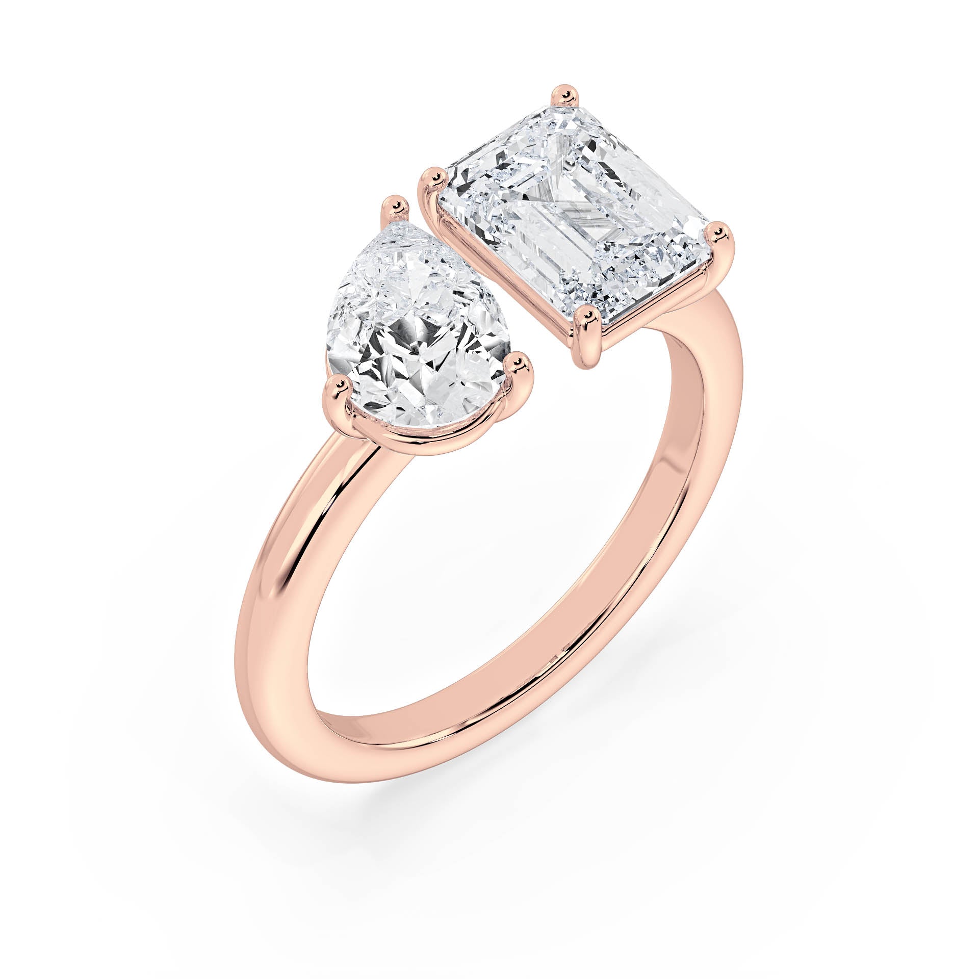 3 AND 4-CLAW TOI ET MOI PEAR-SHAPED AND EMERALD-CUT DIAMOND ENGAGEMENT RING in 18ct Rose Gold