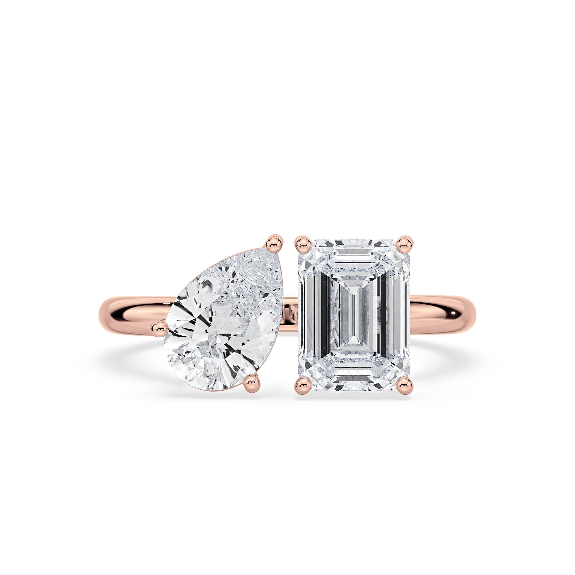 3 AND 4-CLAW TOI ET MOI PEAR-SHAPED AND EMERALD-CUT DIAMOND ENGAGEMENT RING in 18ct Rose Gold