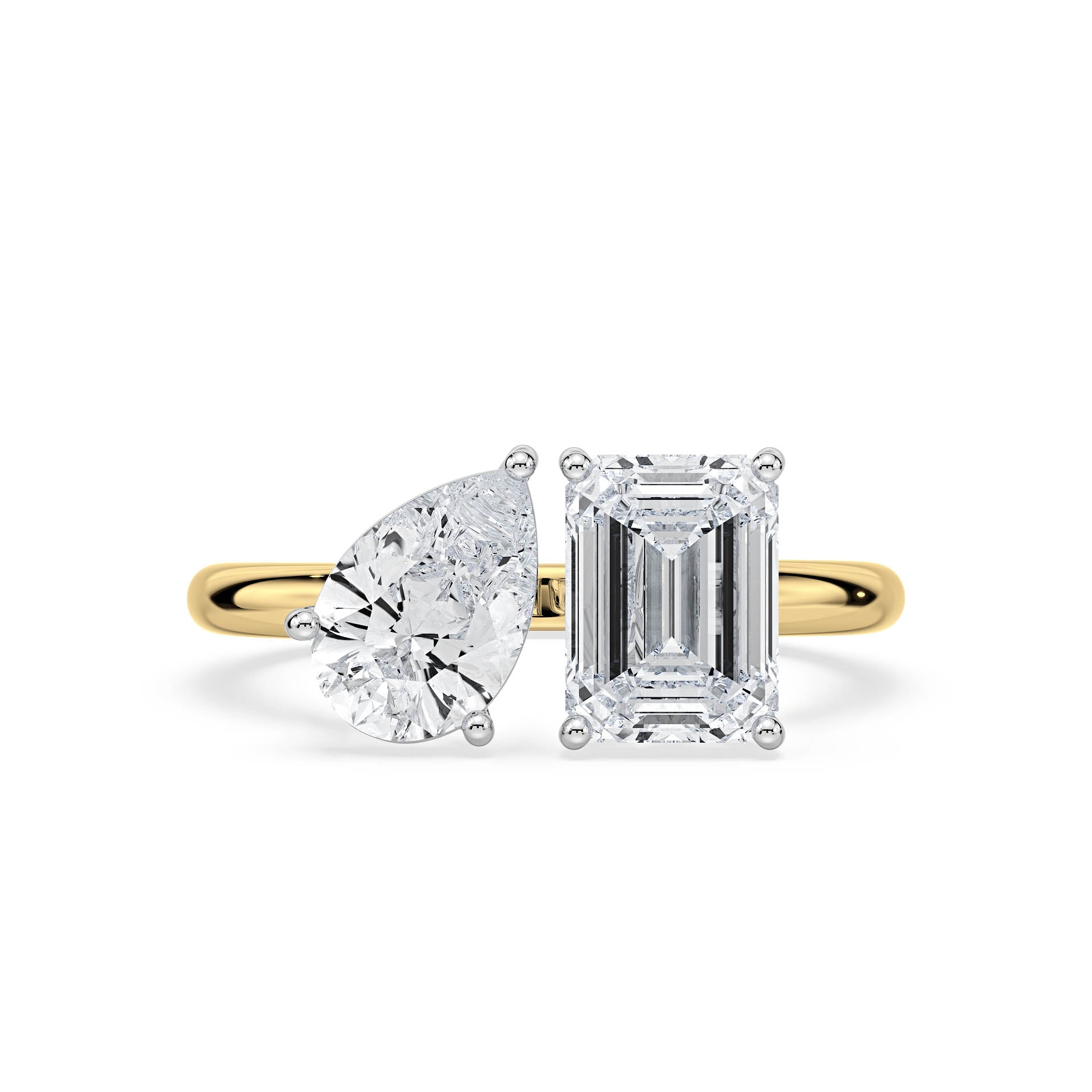 3 AND 4-CLAW TOI ET MOI PEAR-SHAPED AND EMERALD-CUT DIAMOND ENGAGEMENT RING in 18ct Two Tone Gold