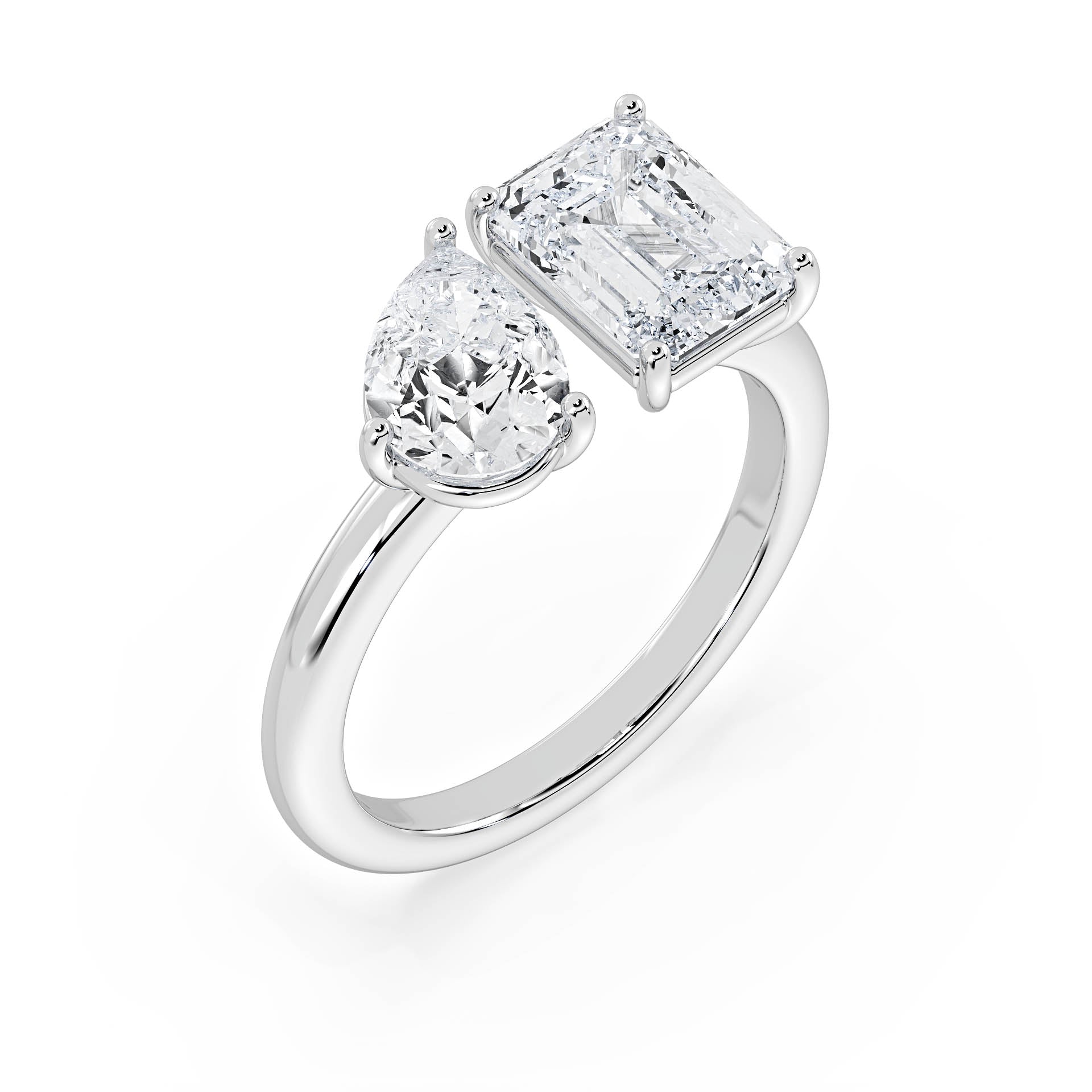 3 AND 4-CLAW TOI ET MOI PEAR-SHAPED AND EMERALD-CUT DIAMOND ENGAGEMENT RING in 18ct White Gold