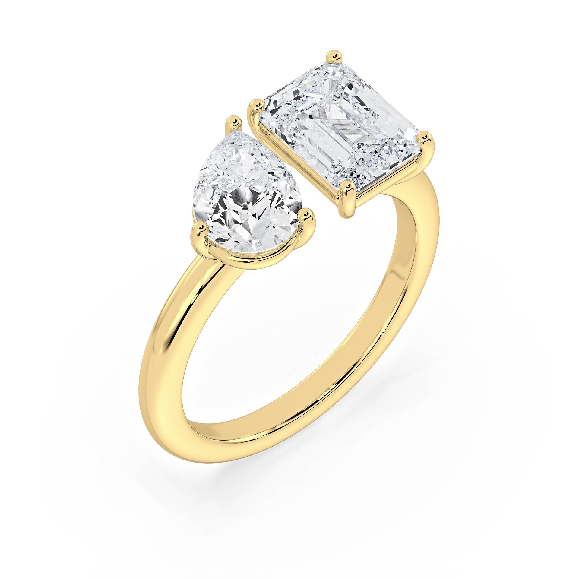 3 AND 4-CLAW TOI ET MOI PEAR-SHAPED AND EMERALD-CUT DIAMOND ENGAGEMENT RING in 18ct Yellow Gold