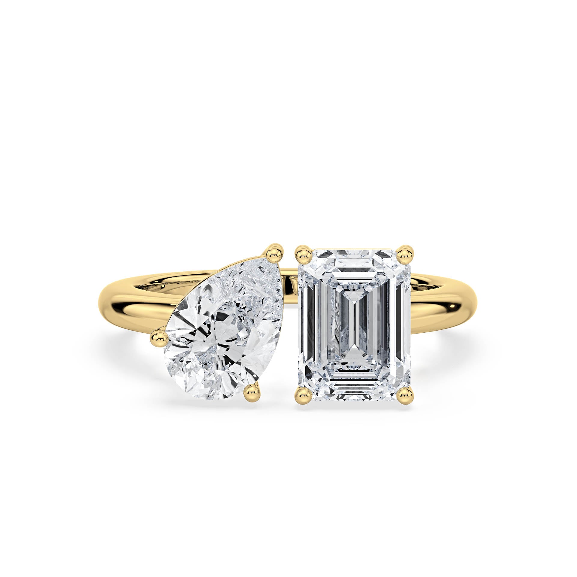 3 AND 4-CLAW TOI ET MOI PEAR-SHAPED AND EMERALD-CUT DIAMOND ENGAGEMENT RING in 18ct Yellow Gold